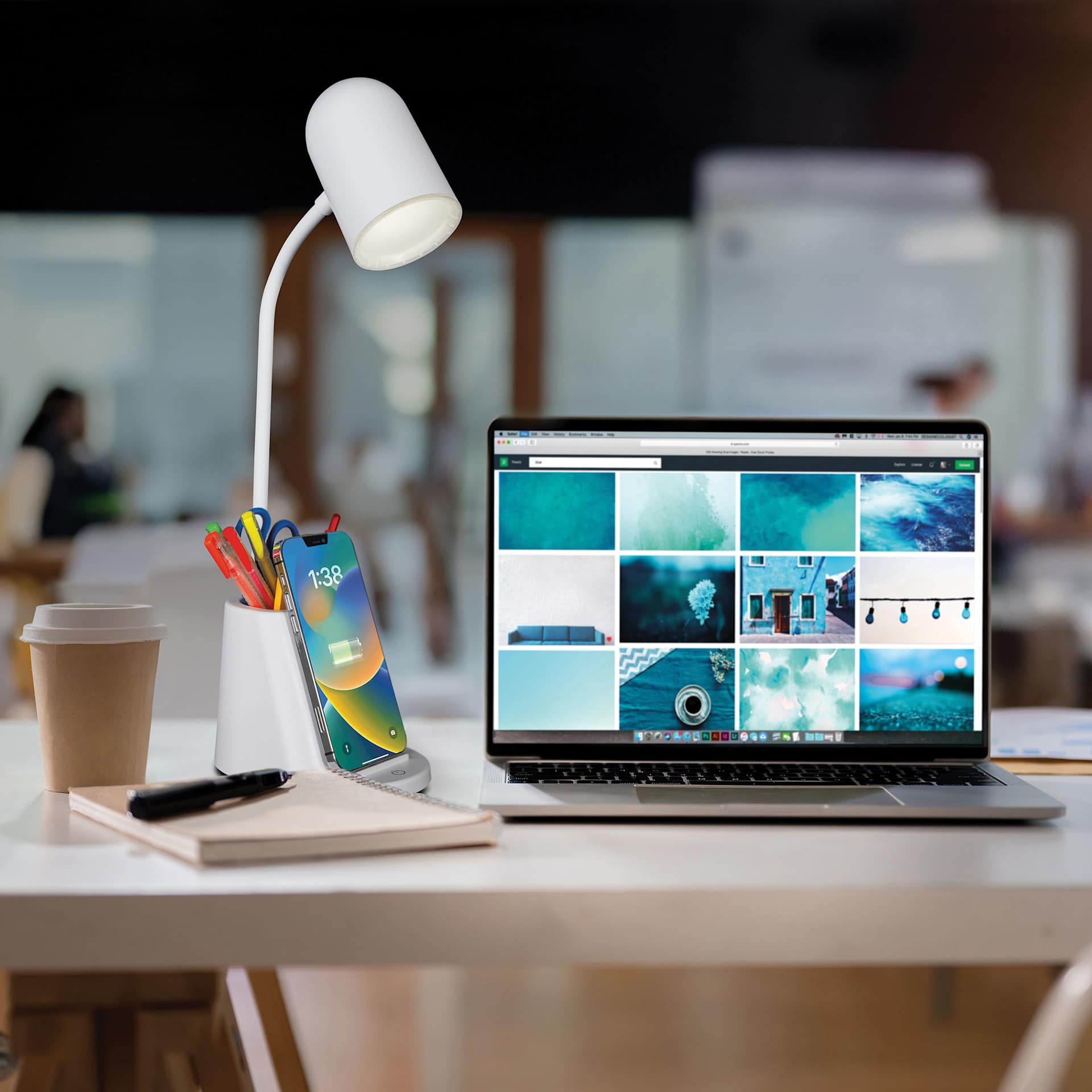 OttLite Aglow Organizer LED Desk Lamp with Wireless Charging - White, on a desk with a computer