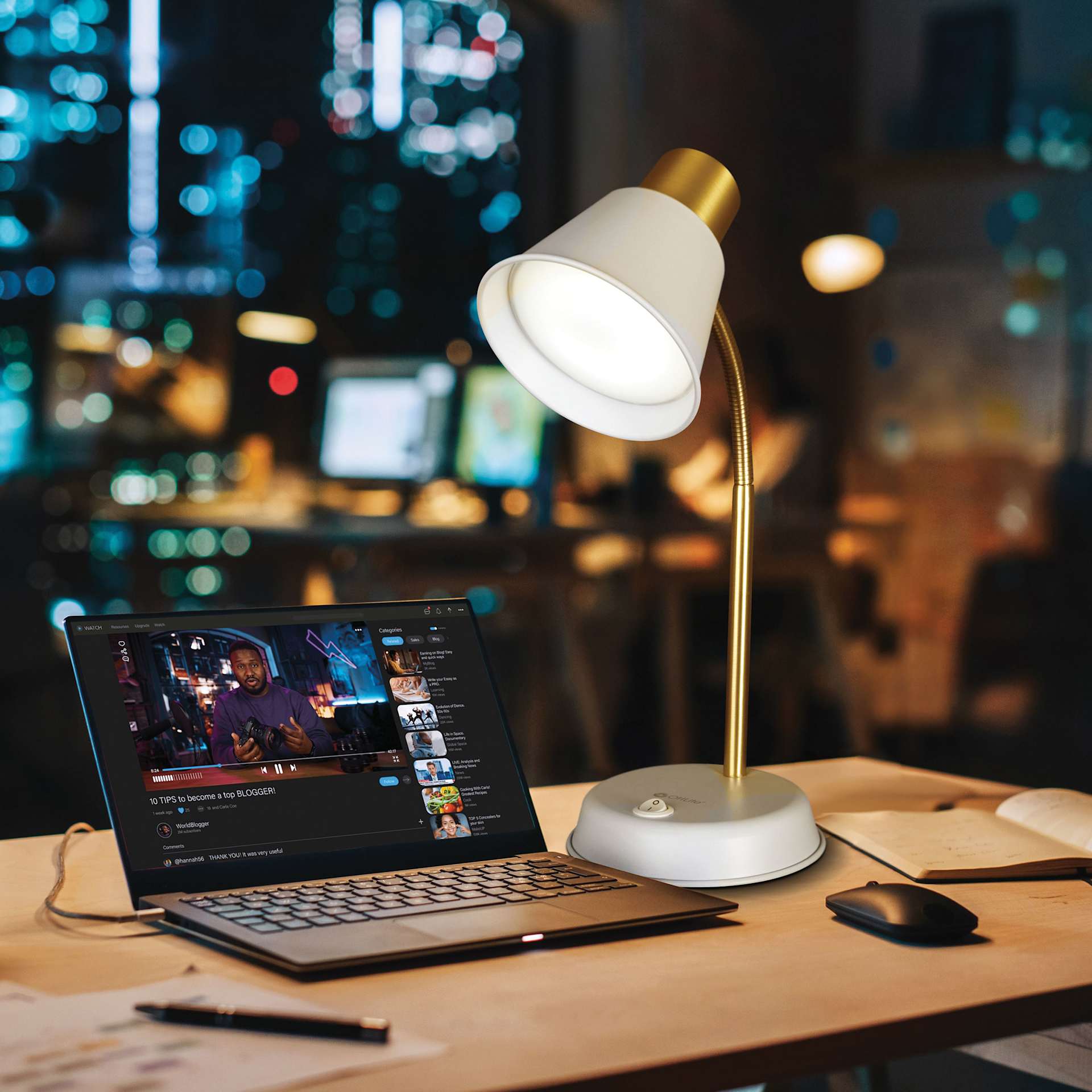 OttLite Beam LED Desk Lamp - White, with a laptop
