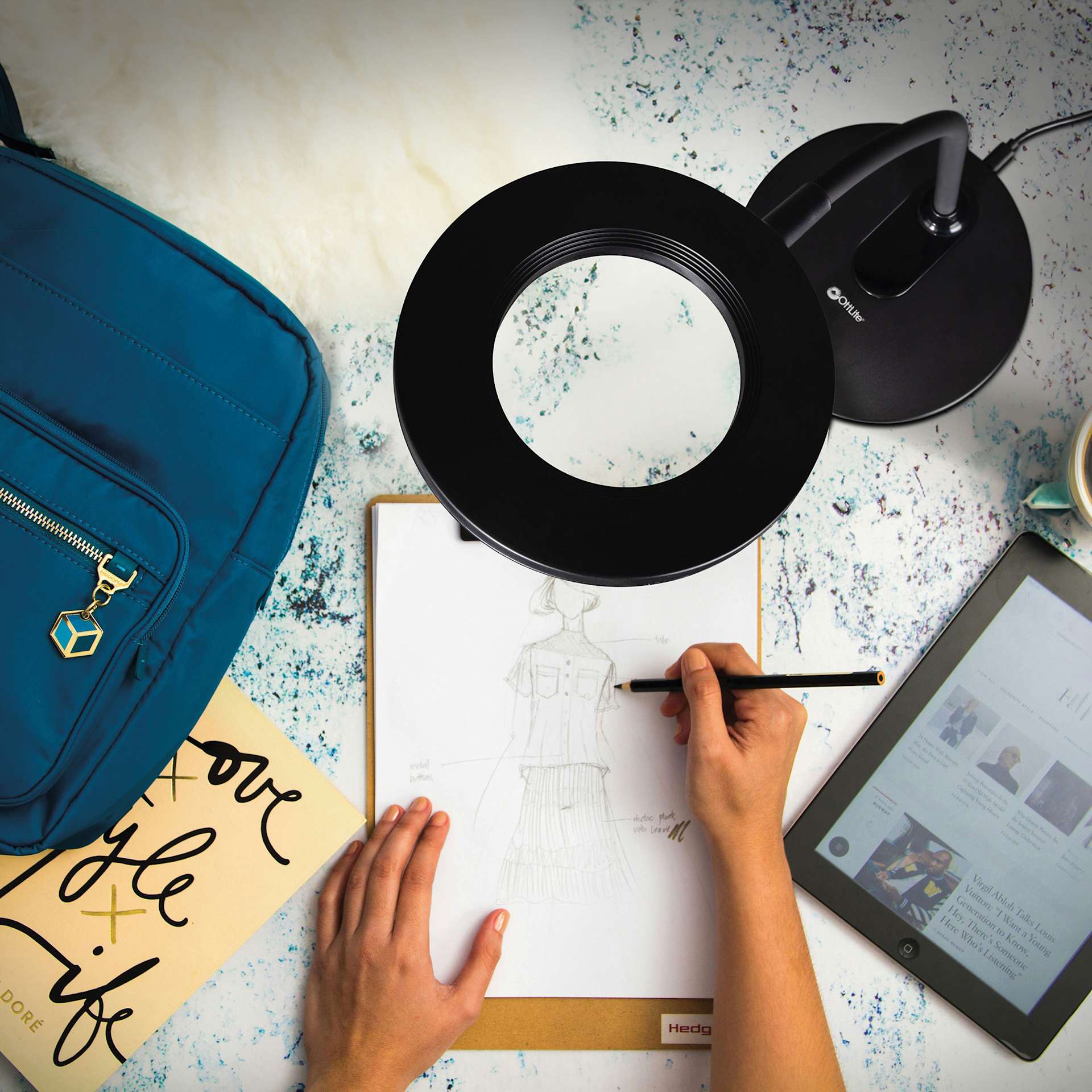 OttLite Vibe Rechargeable LED Ring Light - in use while drawing