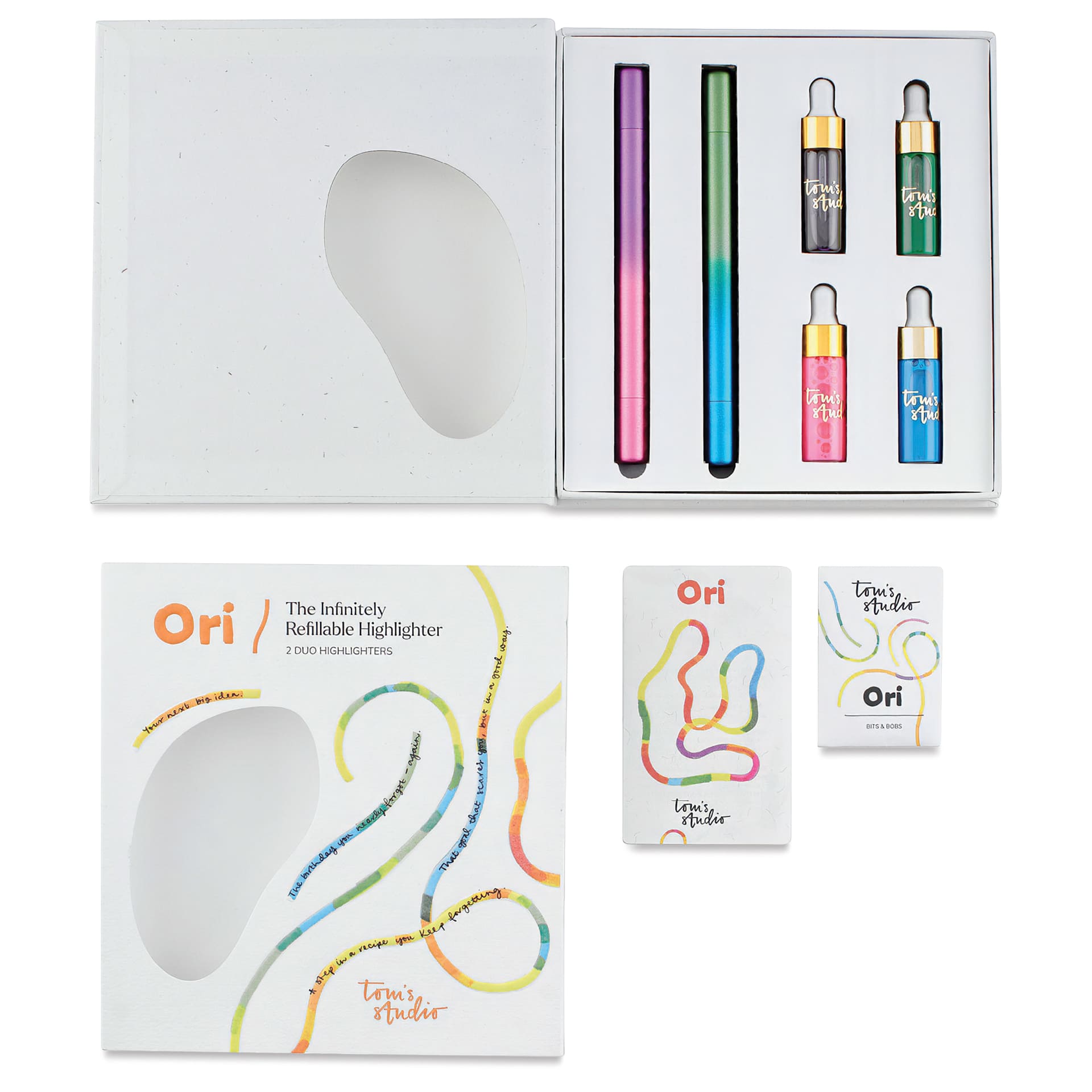 Tom's Studio Ori Infinity Dual Highlighters - Set of 2, Purple and Green, open packaging