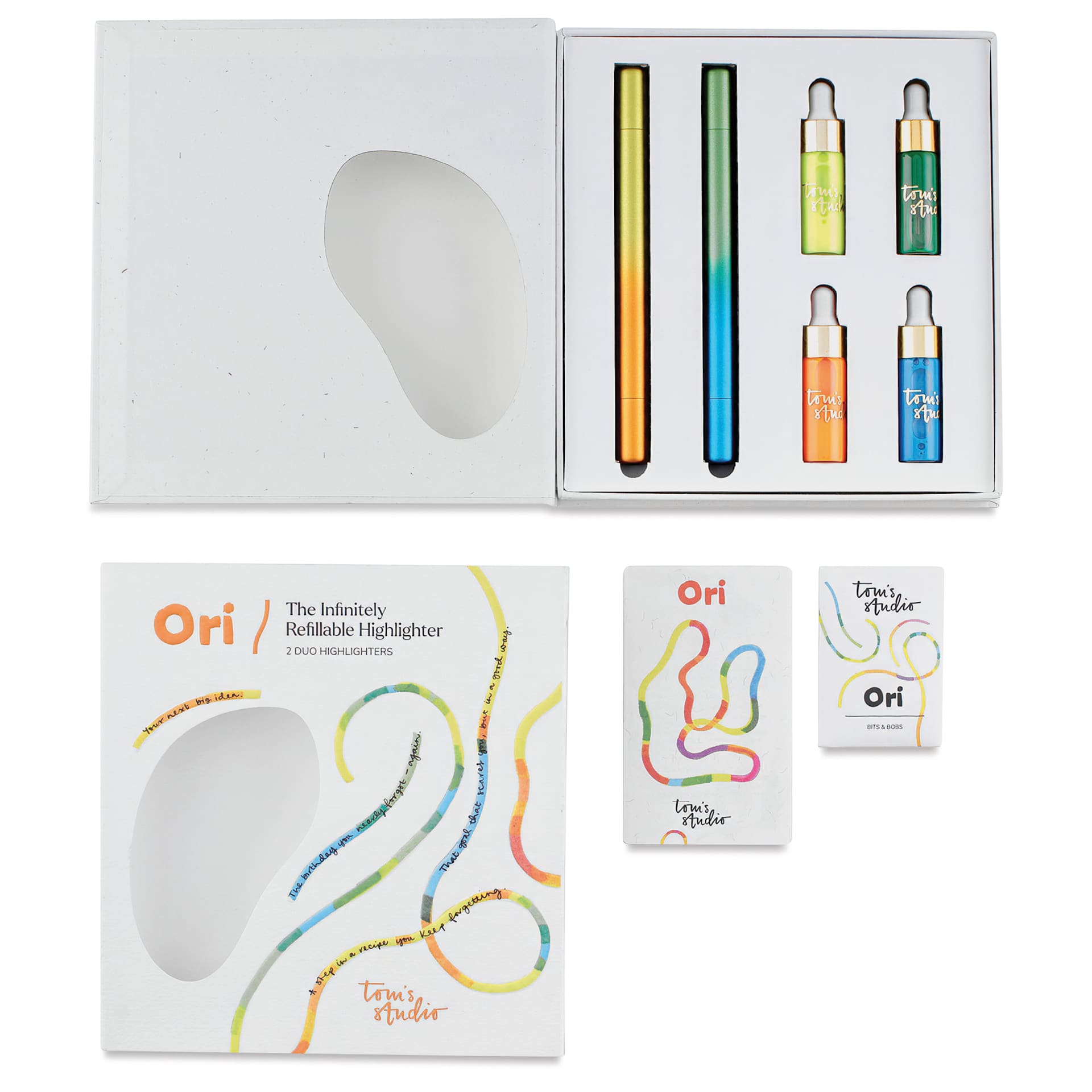 Tom's Studio Ori Infinity Dual Highlighters - Set of 2, Yellow and Green, open packaging