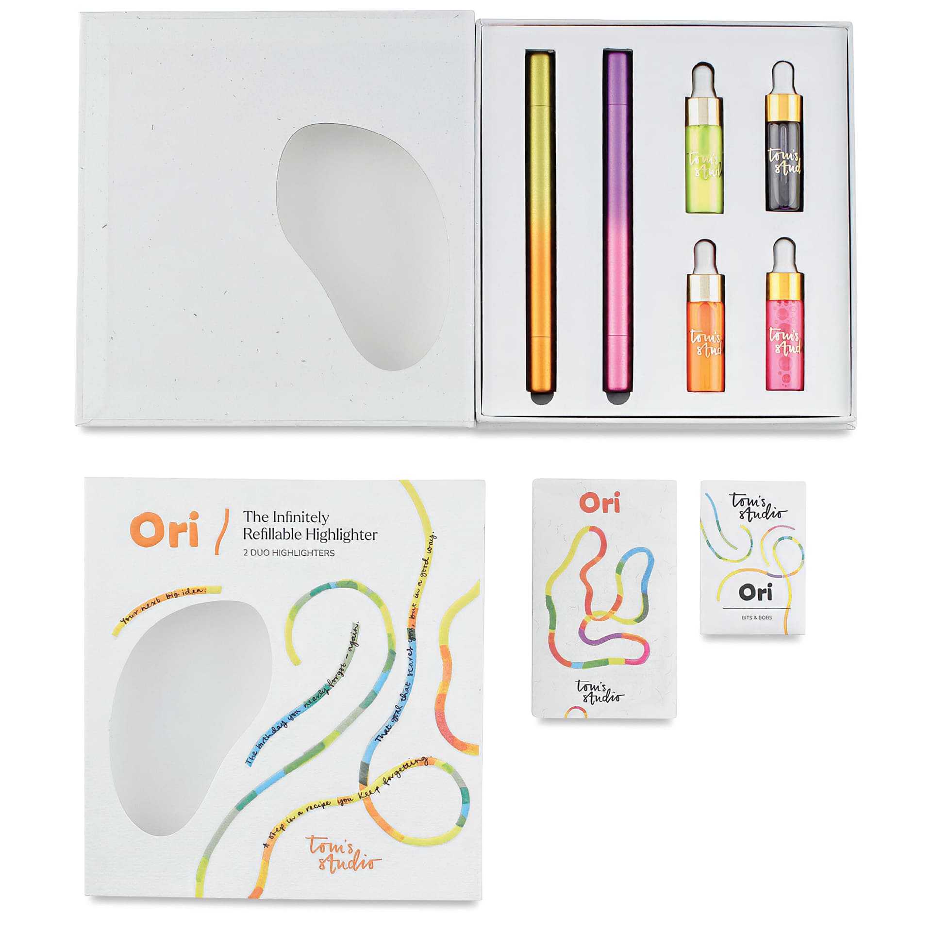 Tom's Studio Ori Infinity Dual Highlighters - Set of 2, Yellow and Purple, open packaging