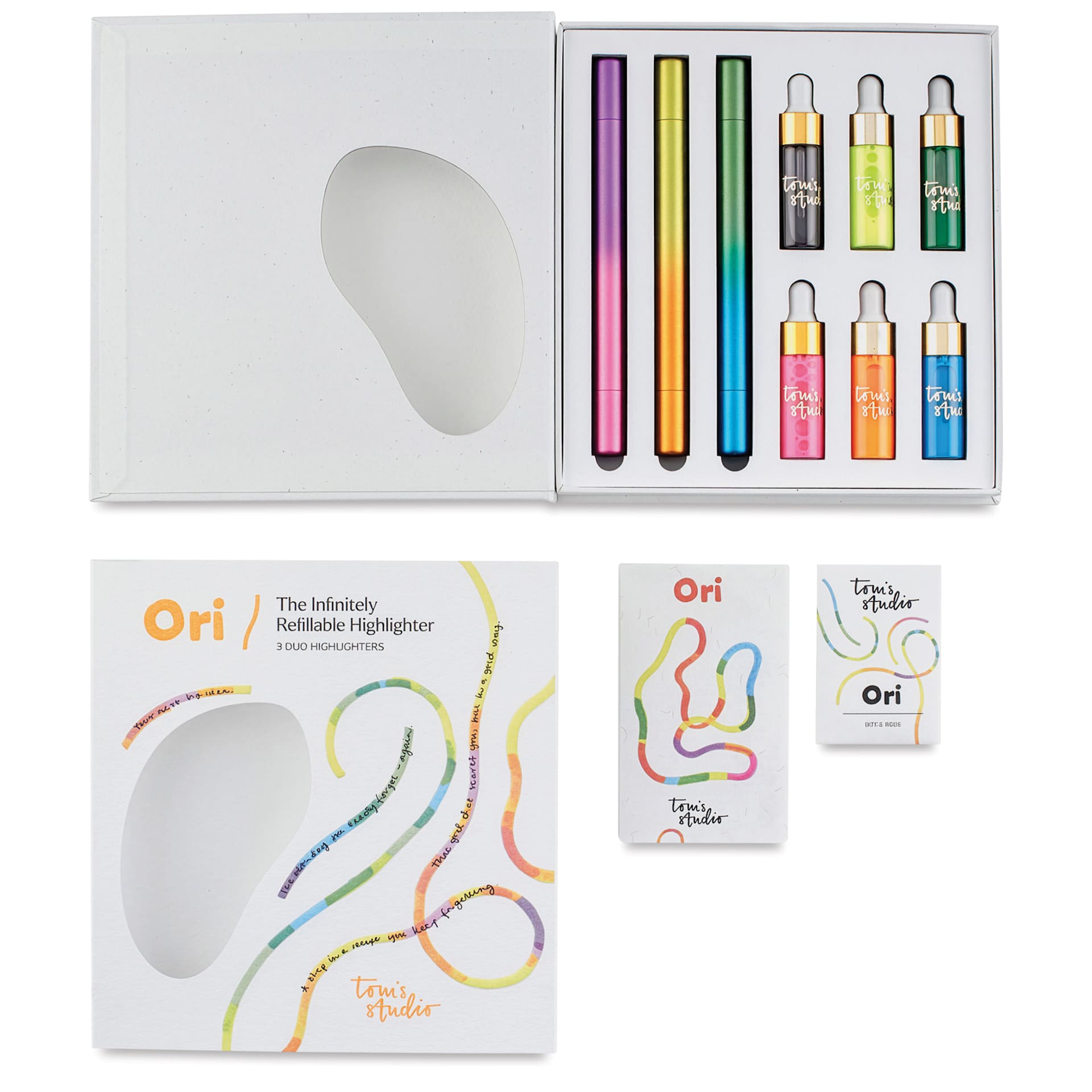 Tom's Studio Ori Infinity Dual Highlighters - Set of 3, Purple, Yellow, and Green, open packaging
