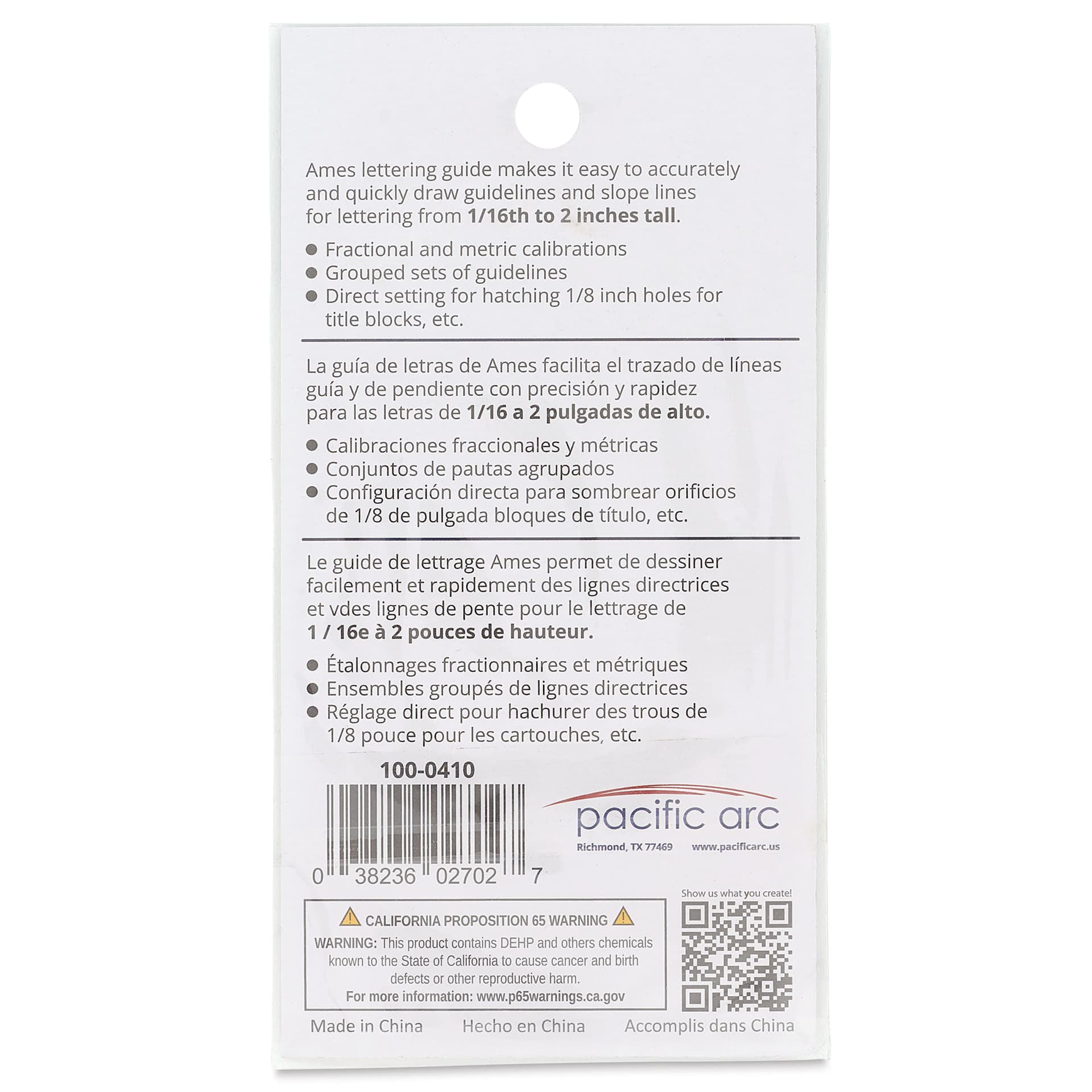 Pacific Arc Ames Lettering Guide back of packaging