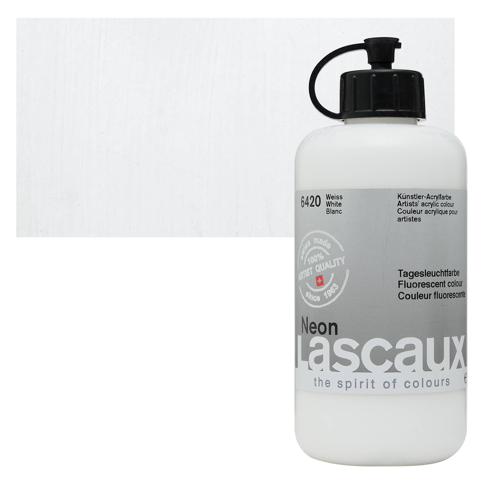 Lascaux Neon Acrylic Paint - White, 250 ml bottle and swatch