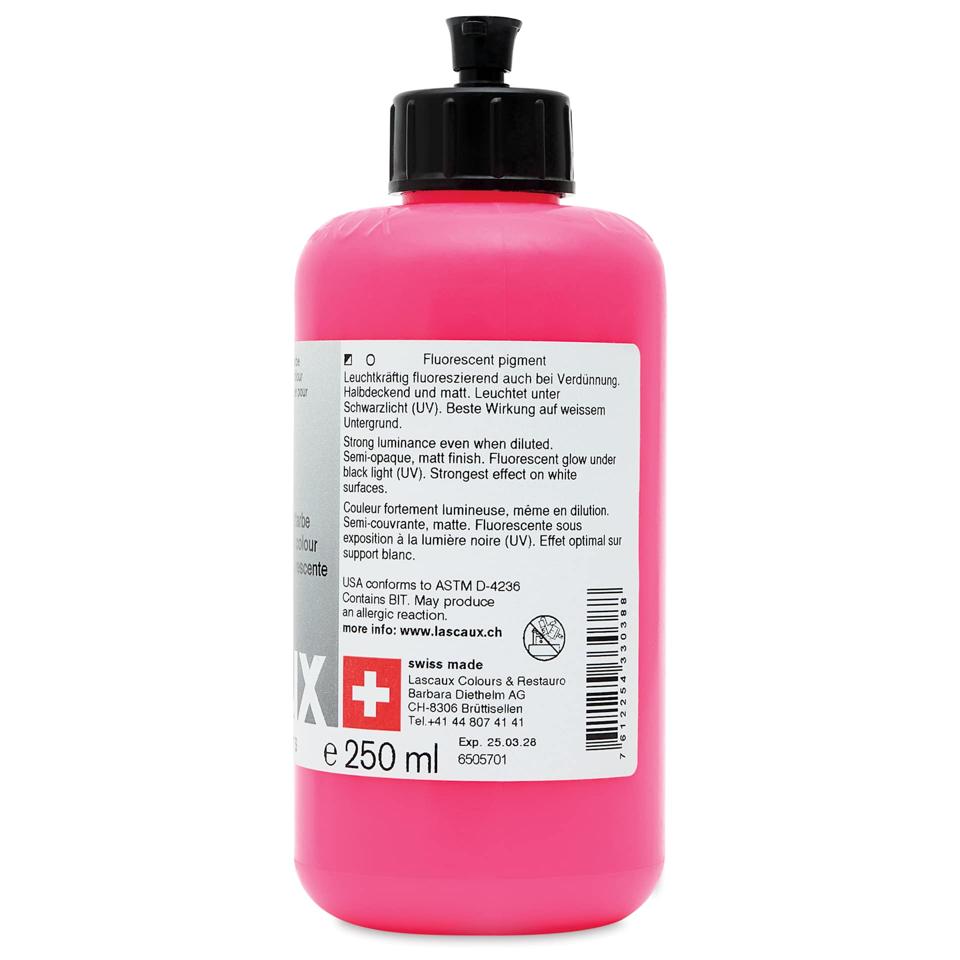 Lascaux Neon Acrylic Paint - Pink, 250 ml bottle back