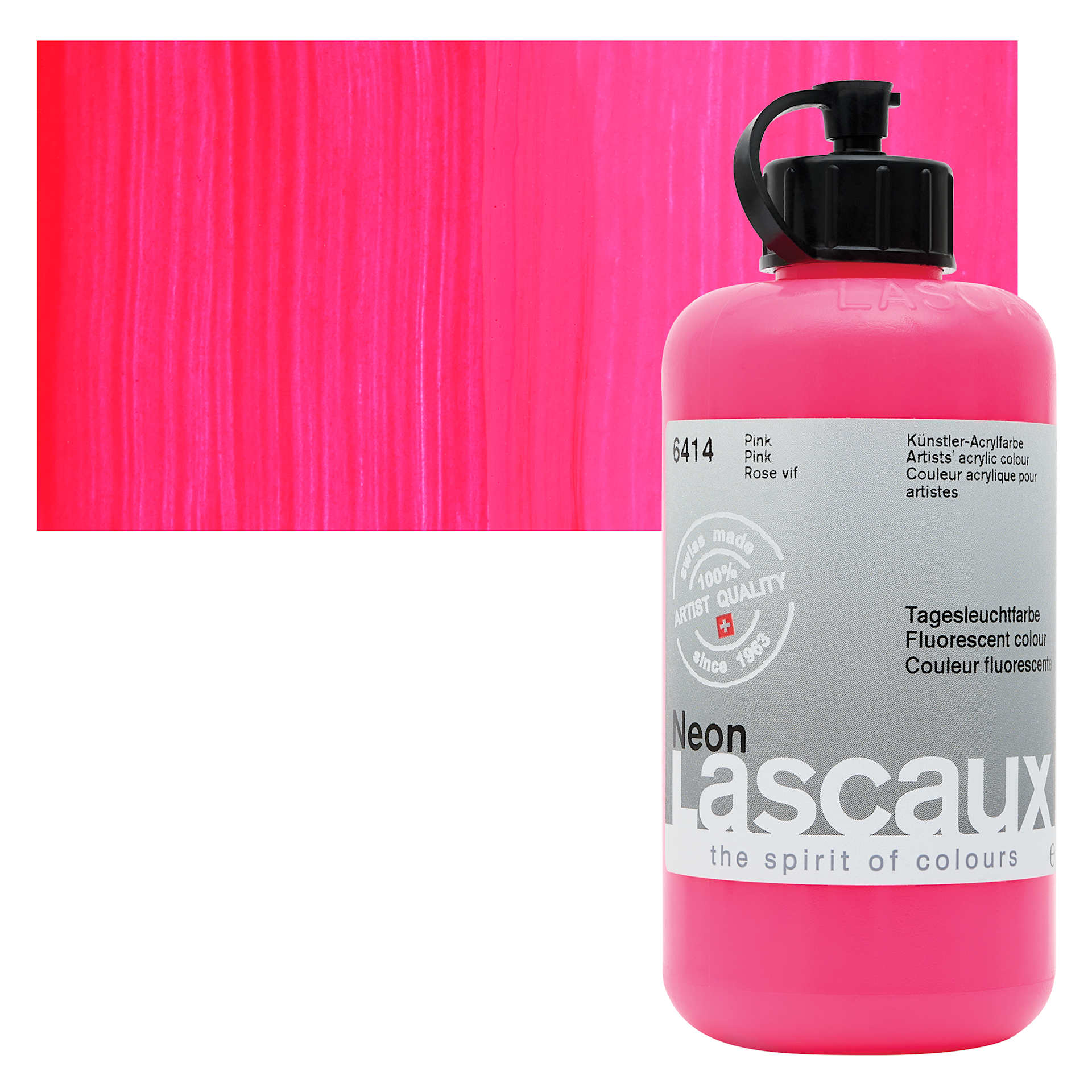 Lascaux Neon Acrylic Paint - Pink, 250 ml bottle and swatch