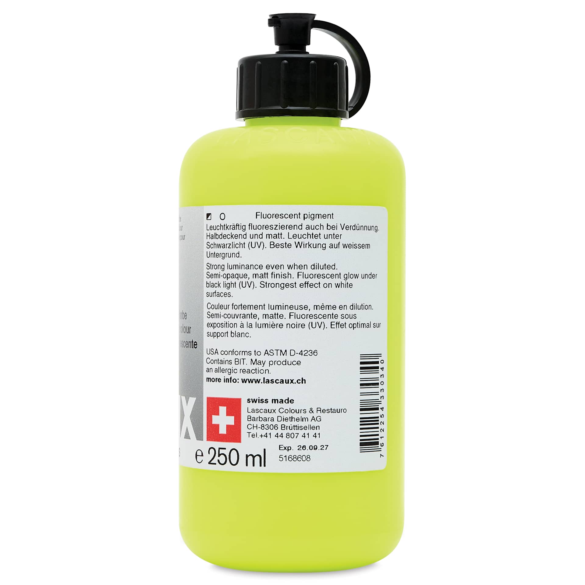 Lascaux Neon Acrylic Paint - Yellow, 250 ml bottle back