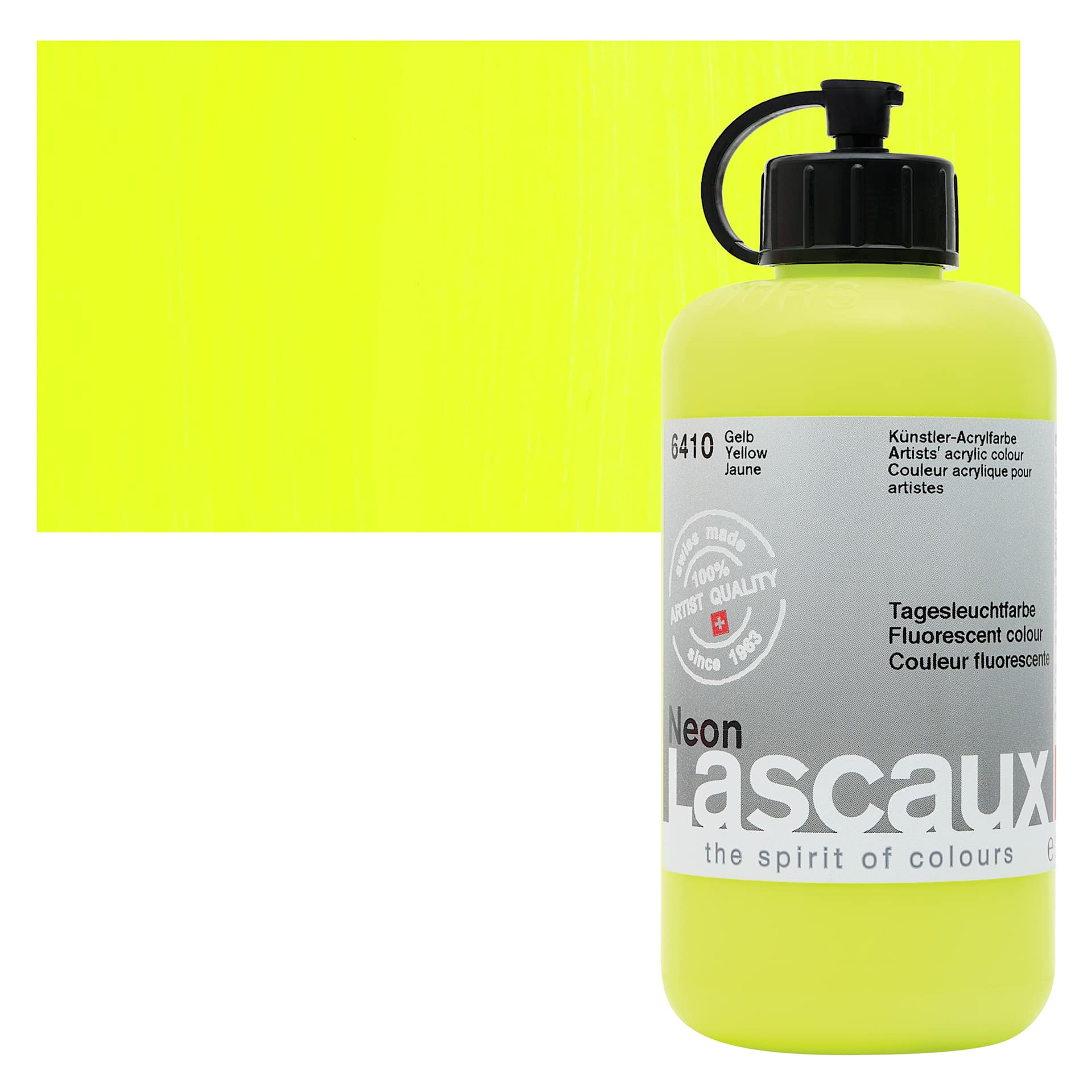 Lascaux Neon Acrylic Paint - Yellow, 250 ml bottle and swatch