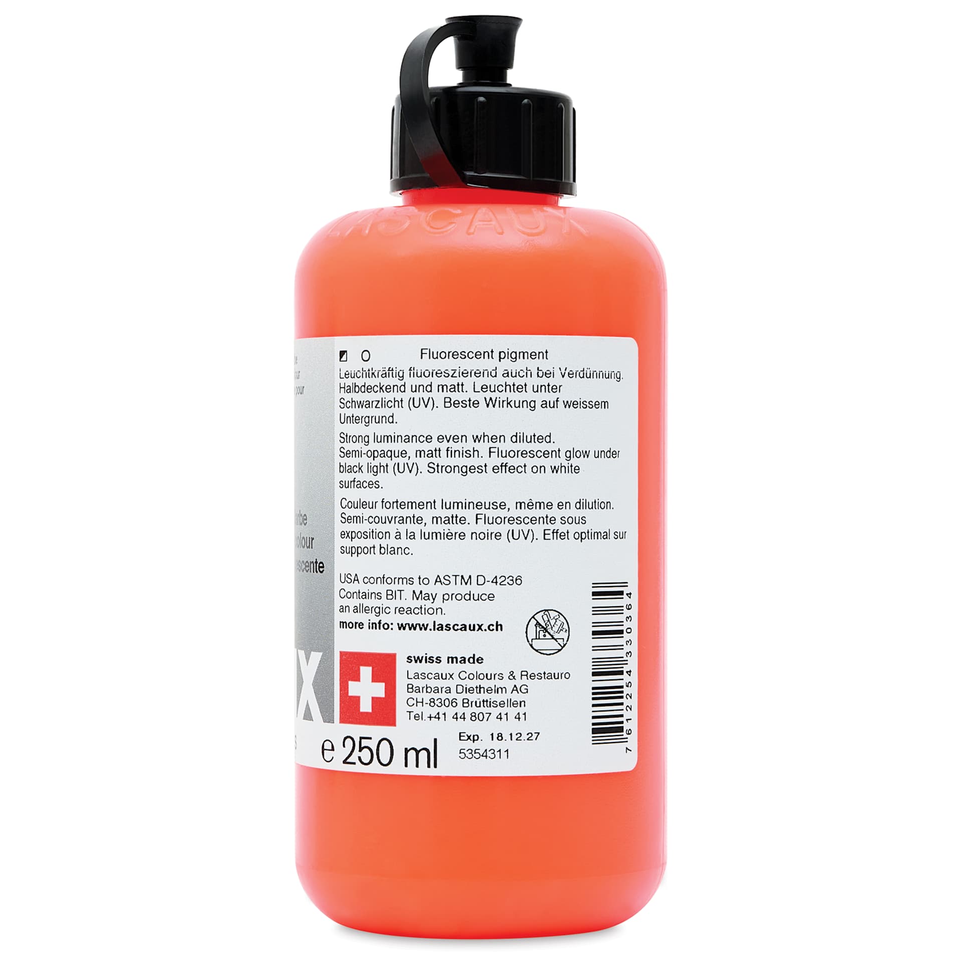 Lascaux Neon Acrylic Paint - Orange, 250 ml bottle back
