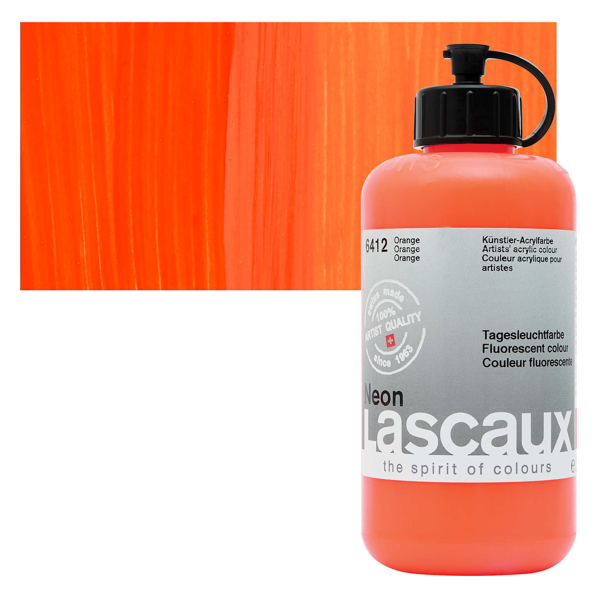 Lascaux Neon Acrylic Paint - Orange, 250 ml bottle and swatch