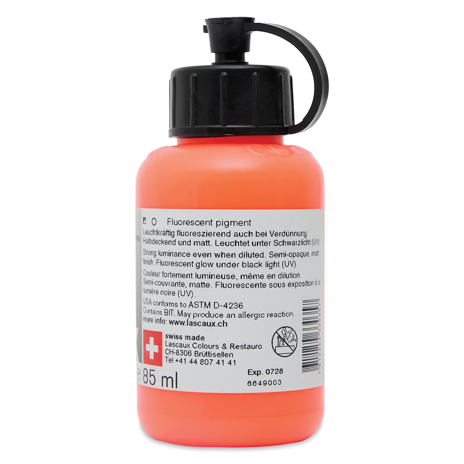 Lascaux Neon Acrylic Paint - Orange, 85 ml bottle back