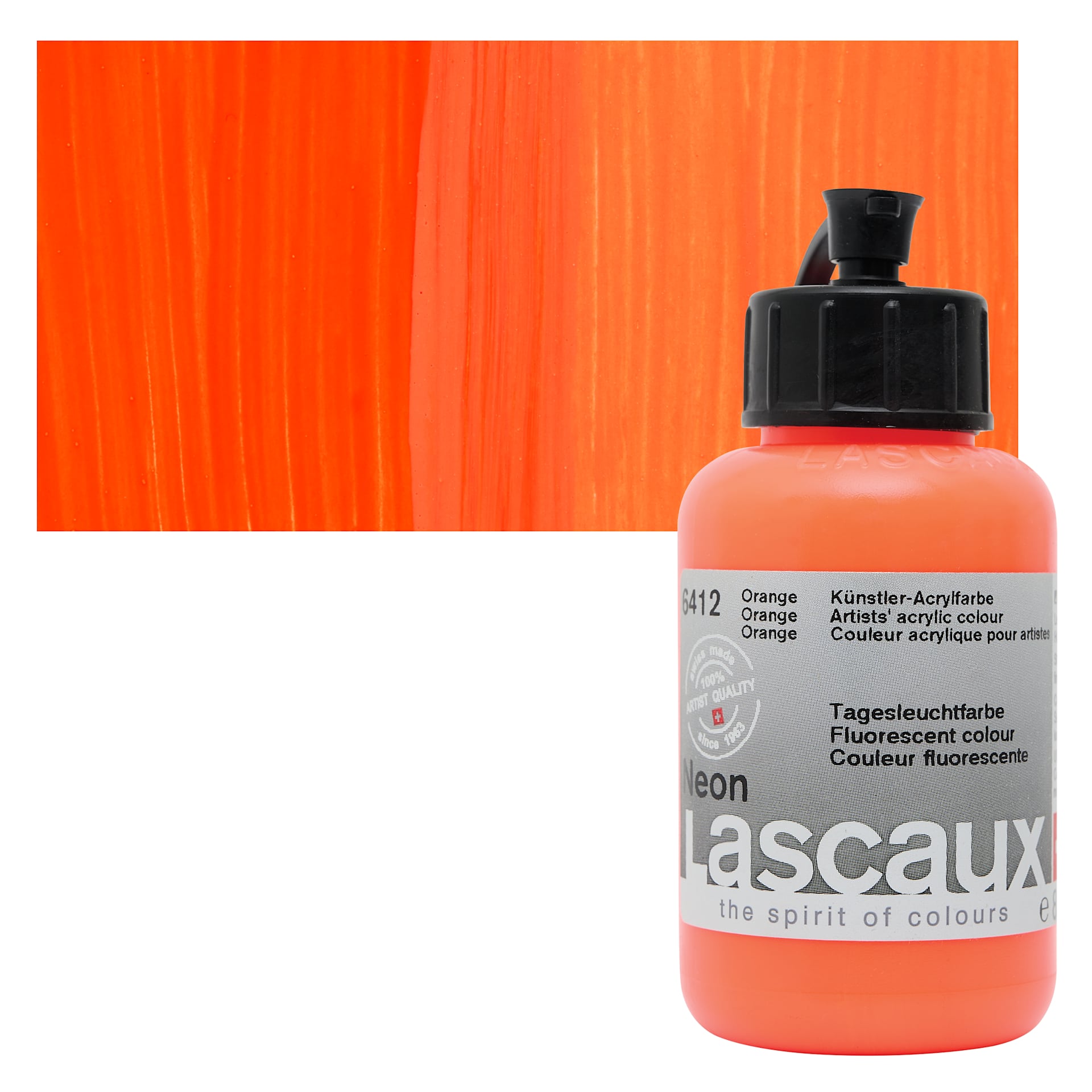Lascaux Neon Acrylic Paint - Orange, 85 ml bottle and swatch