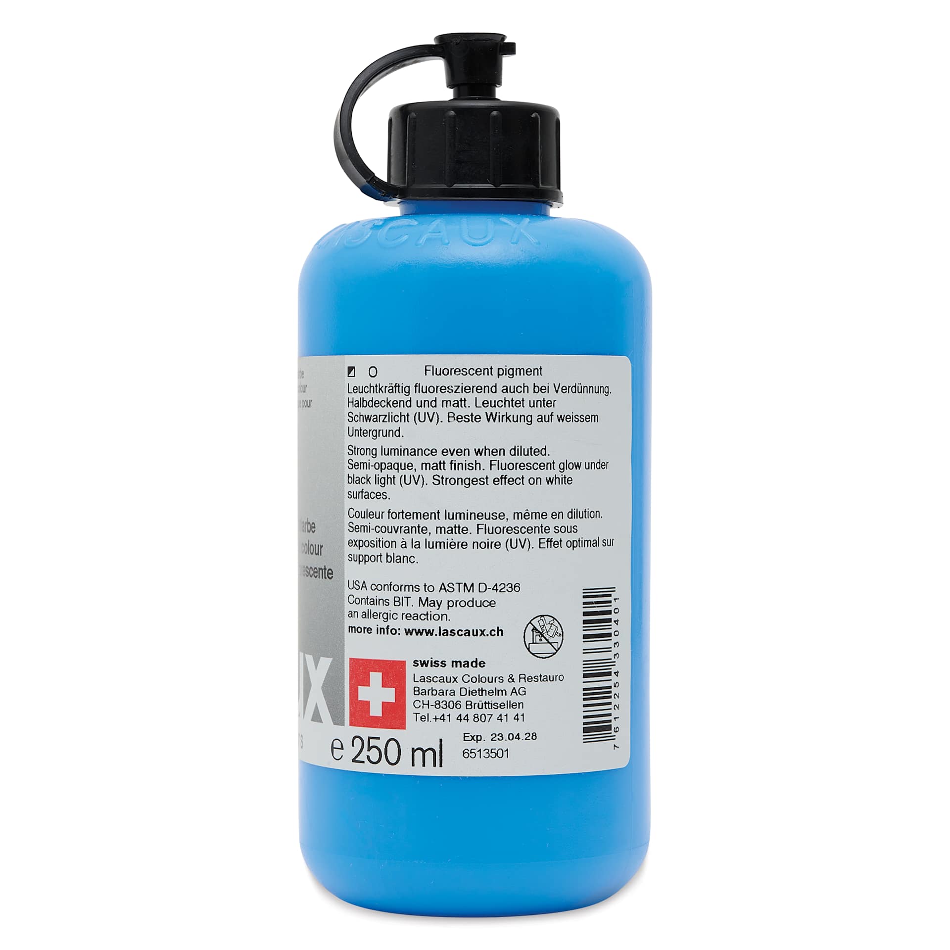 Lascaux Neon Acrylic Paint - Blue, 250 ml bottle back