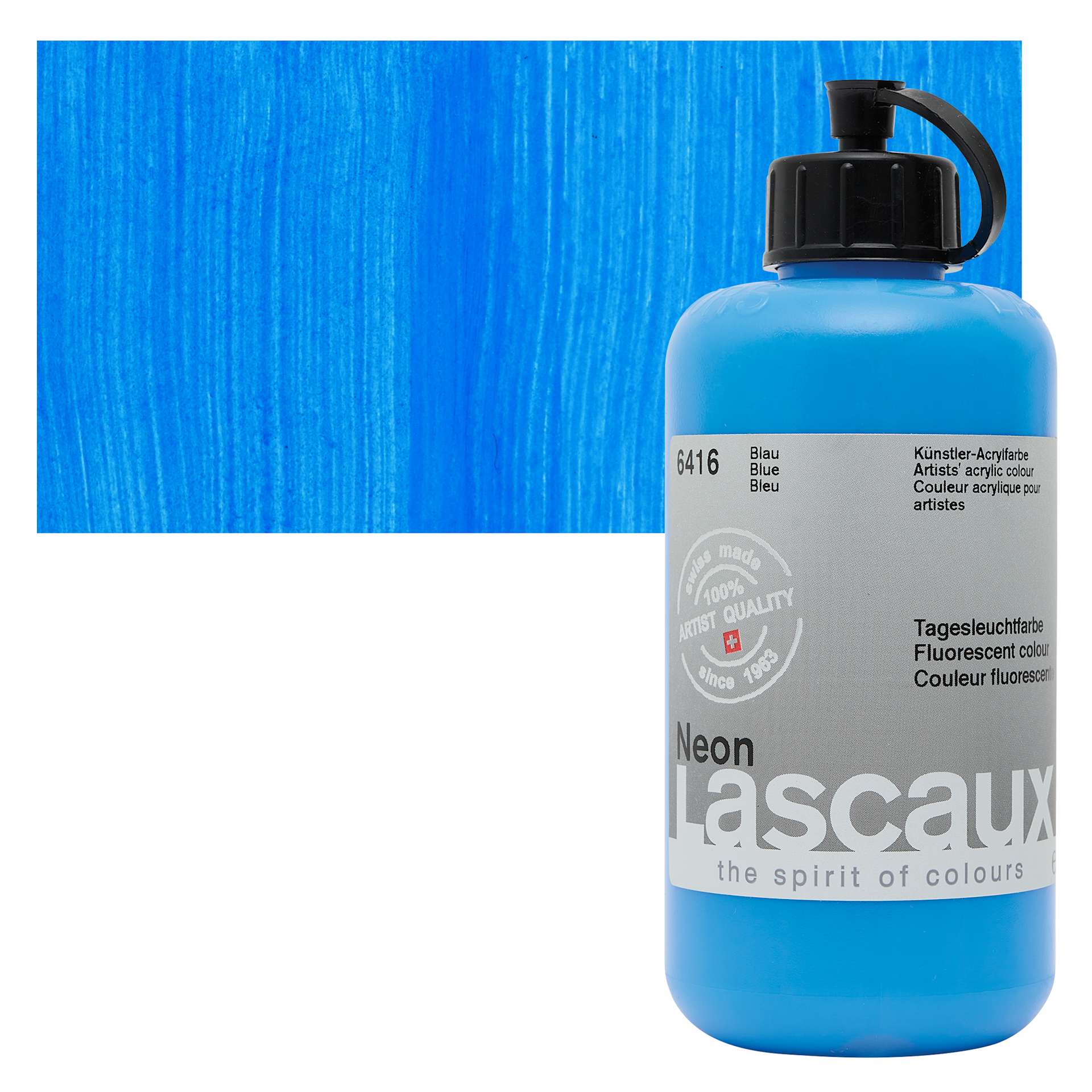 Lascaux Neon Acrylic Paint - Blue, 250 ml bottle and swatch