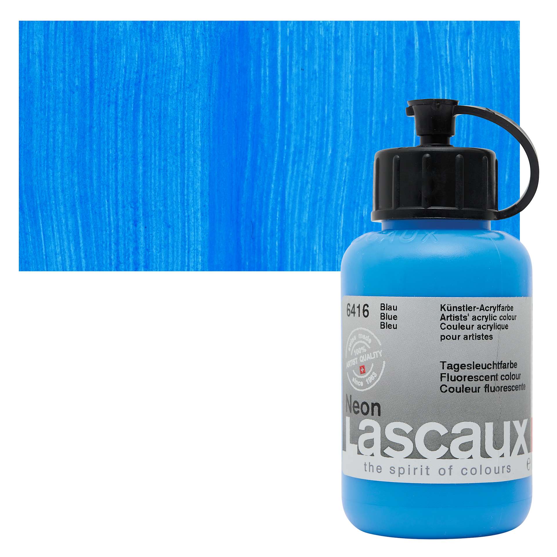 Lascaux Neon Acrylic Paint - Blue, 85 ml bottle and swatch