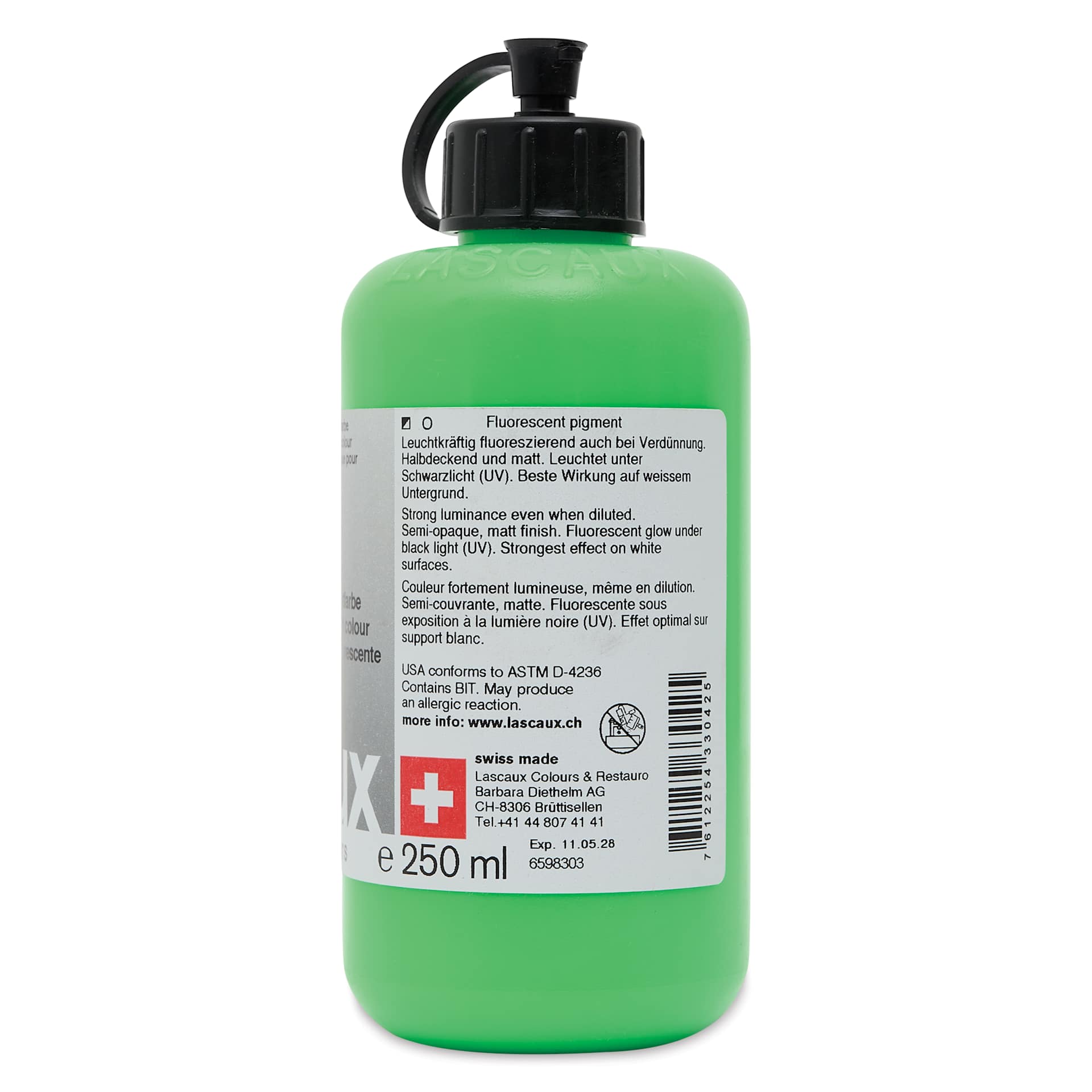 Lascaux Neon Acrylic Paint - Green, 250 ml bottle back
