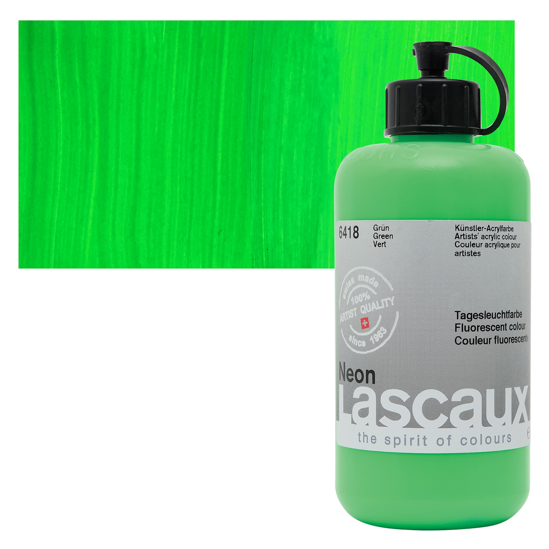 Lascaux Neon Acrylic Paint - Green, 250 ml bottle and swatch
