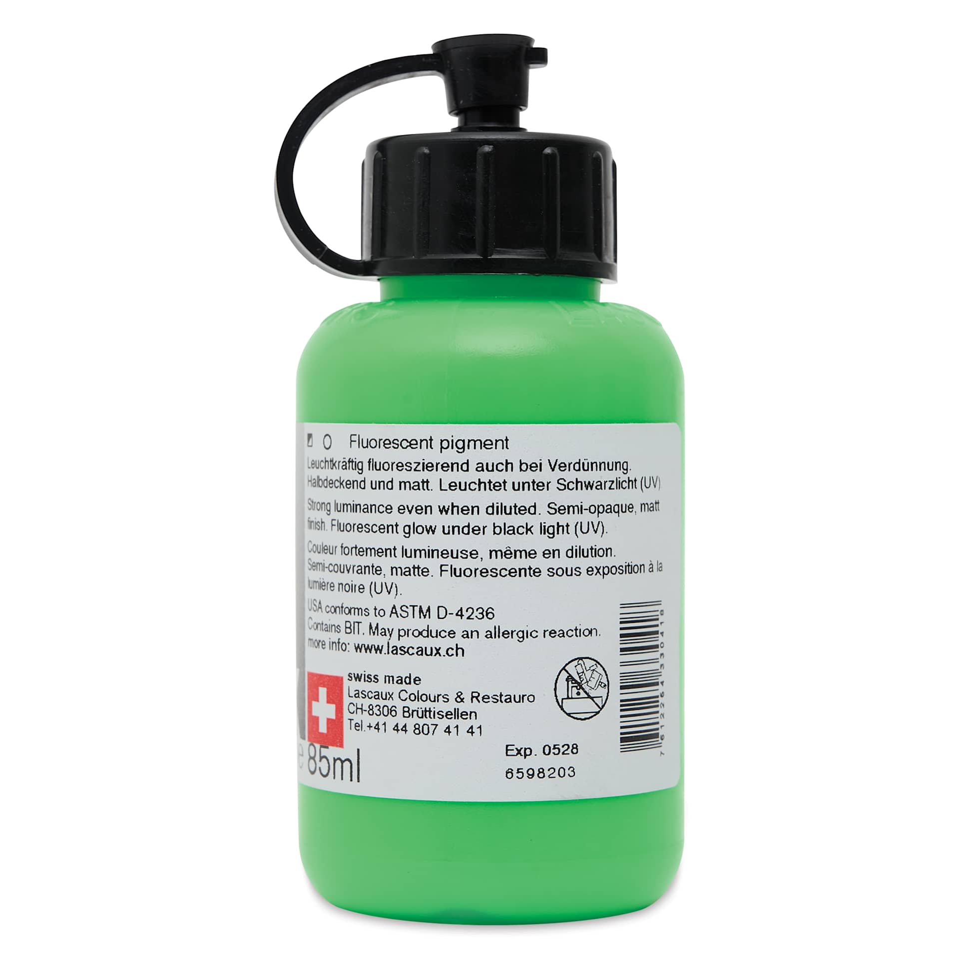 Lascaux Neon Acrylic Paint - Green, 85 ml bottle back