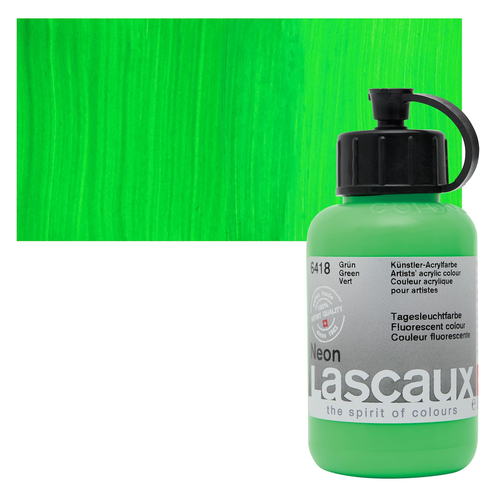Lascaux Neon Acrylic Paint - Green, 85 ml bottle and swatch
