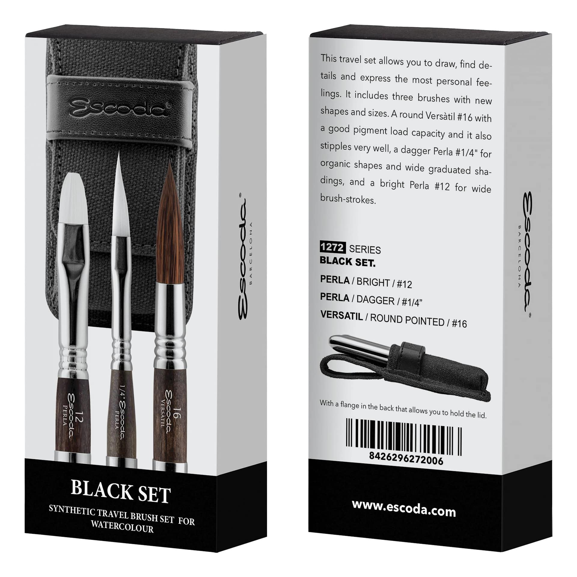 Escoda Synthetic Travel Brushes - Black Set of 3, Assorted, front and back of packaging