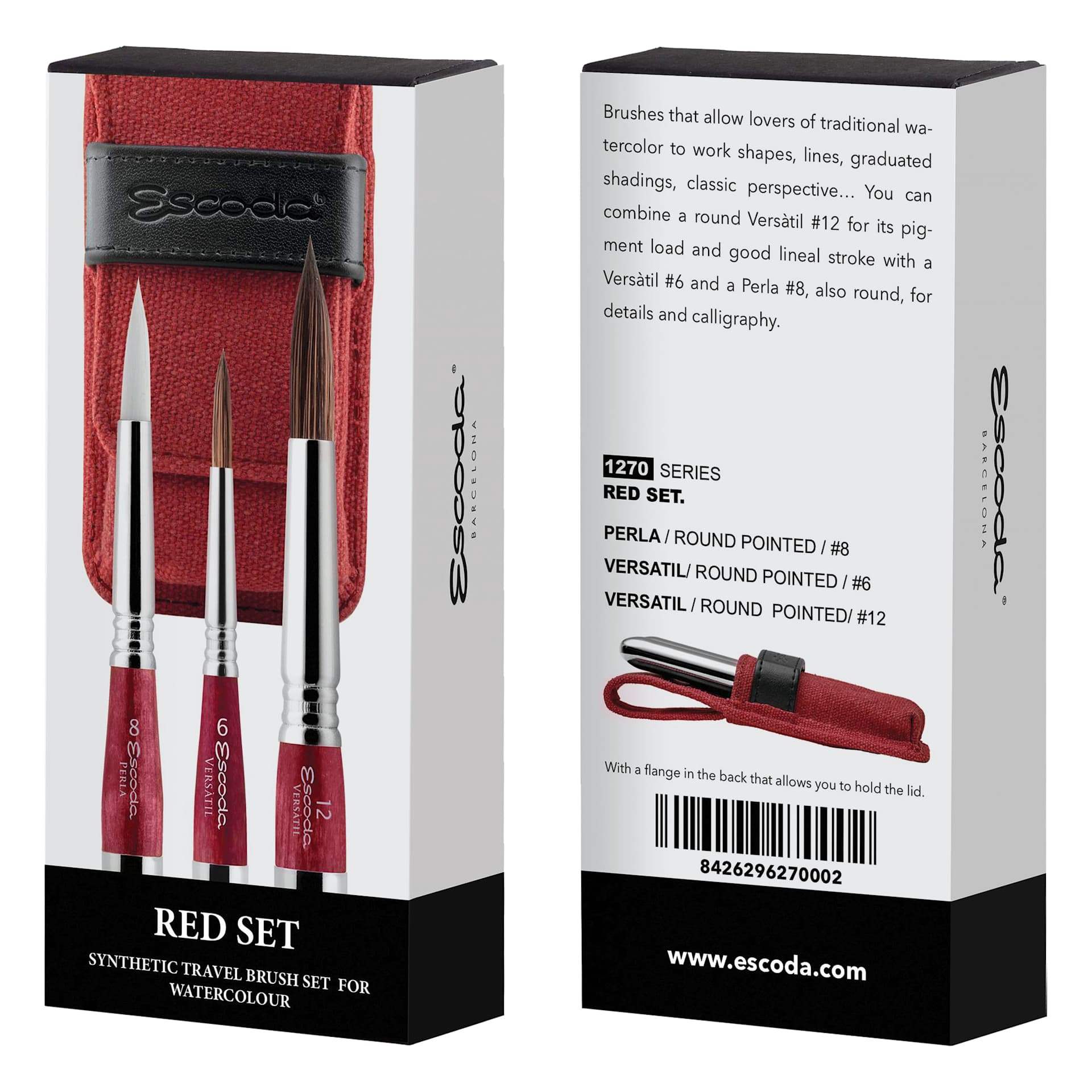 Escoda Synthetic Travel Brushes - Red Set of 3, Round, front and back of packaging
