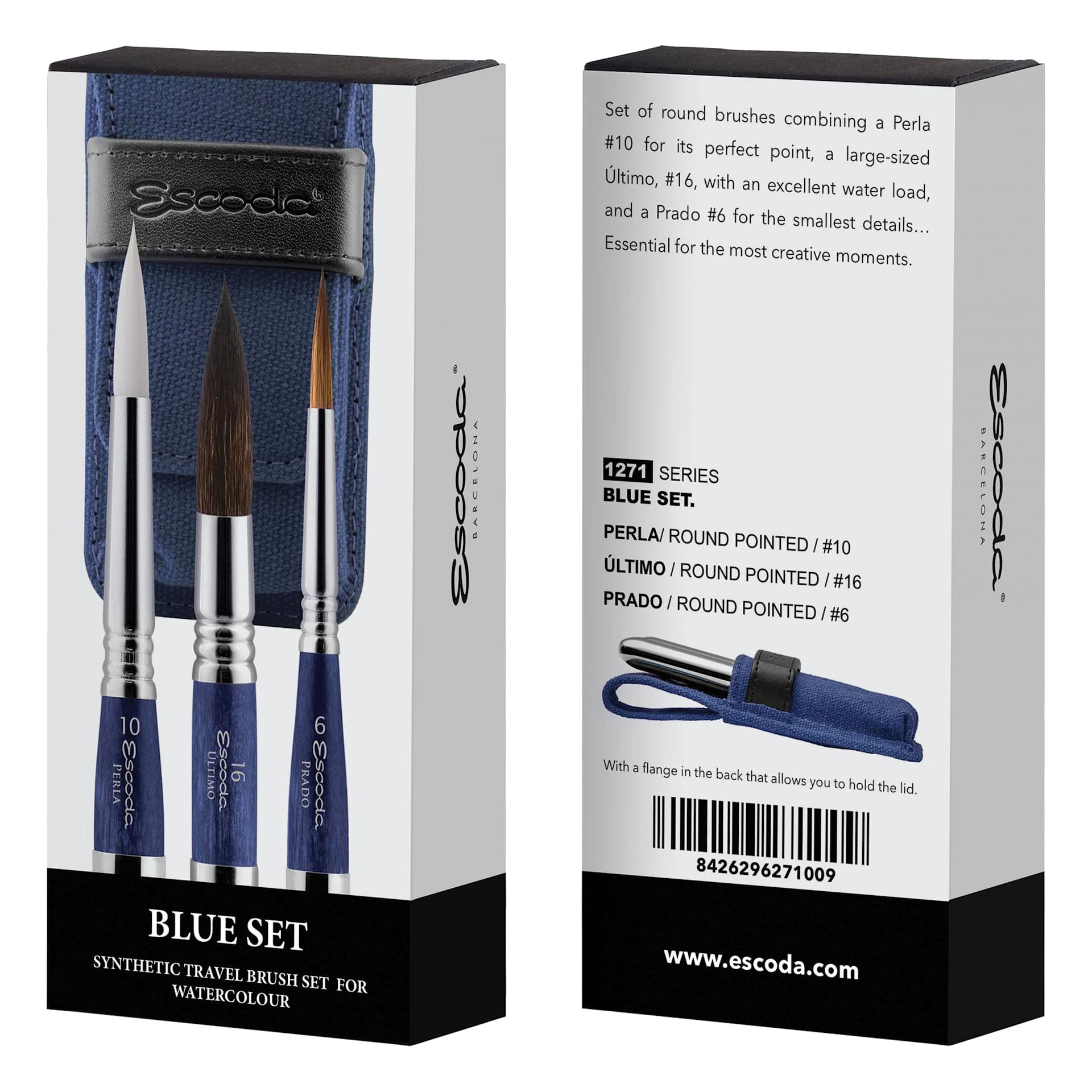 Escoda Synthetic Travel Brushes - Blue Set of 3, Round, front and back of packaging