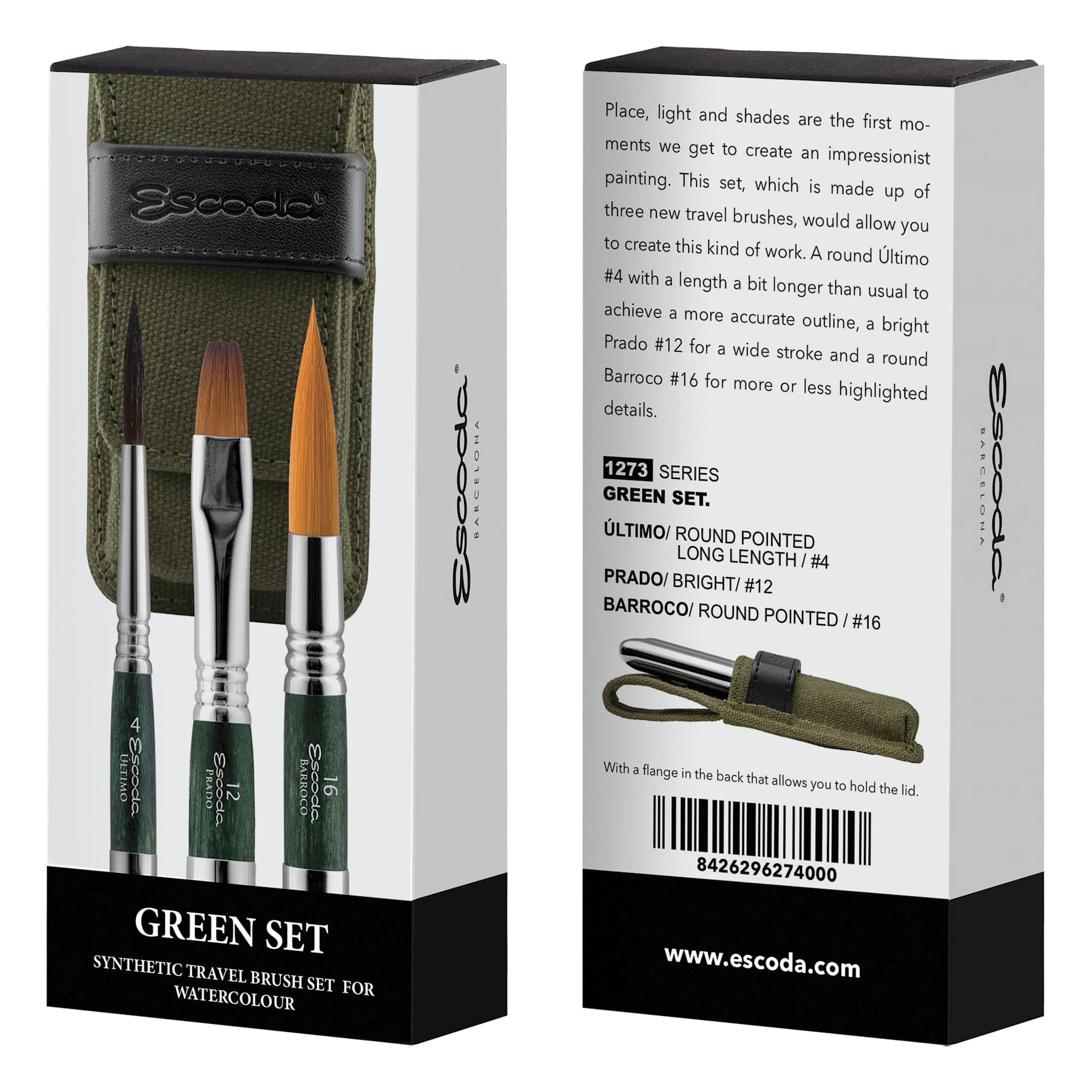 Escoda Synthetic Travel Brushes - Green Set of 3, Assorted, front and back of packaging