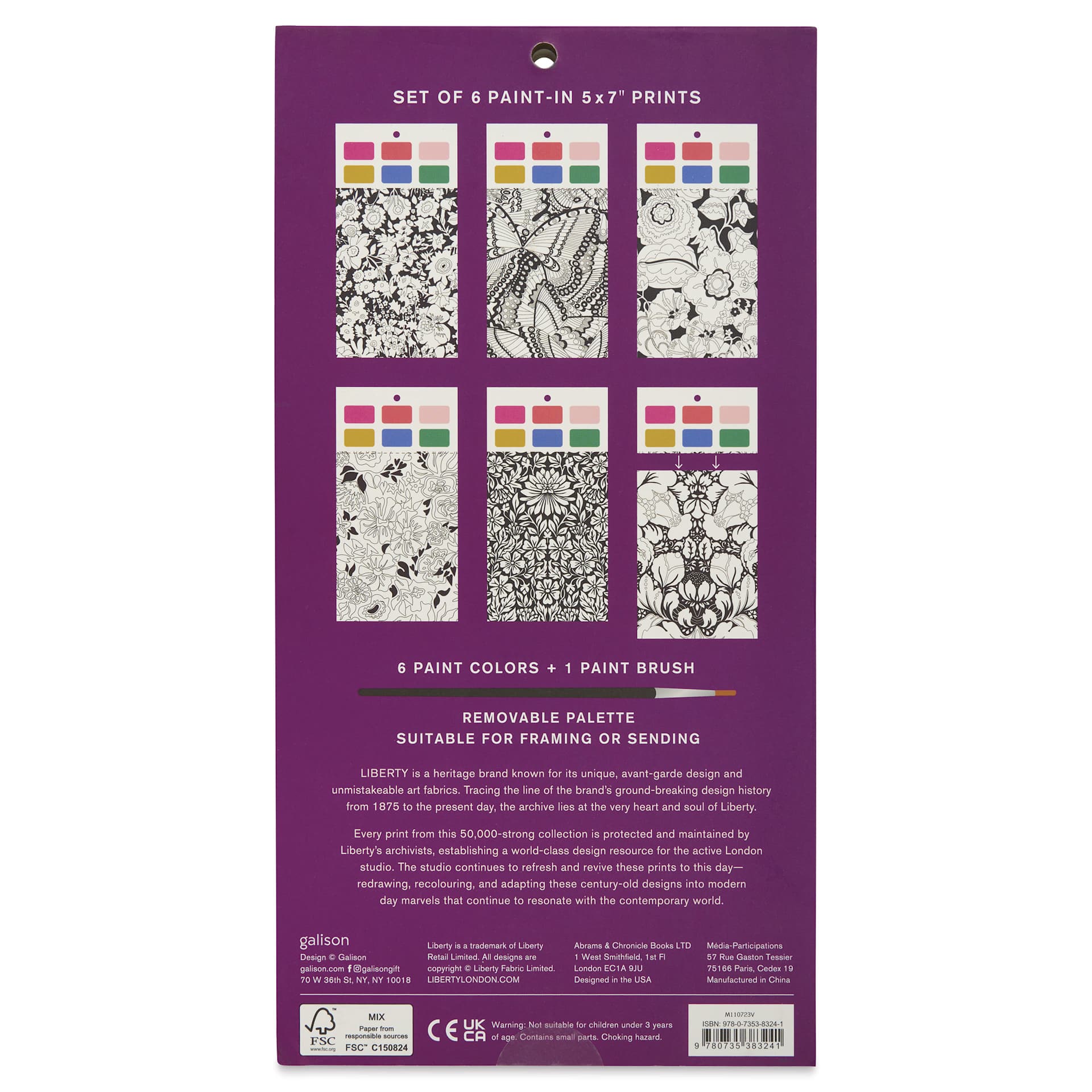 Galison Paint-In Card Set - Liberty, back of packaging