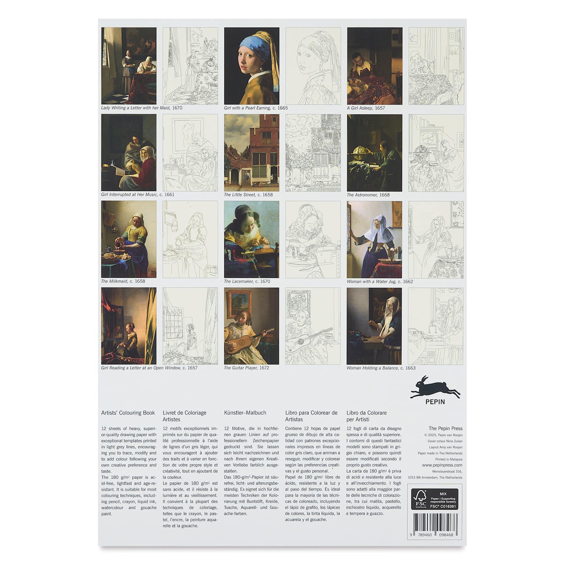 The Pepin Press Vermeer Artists’ Coloring Book -  10" x 13-1/2", back cover