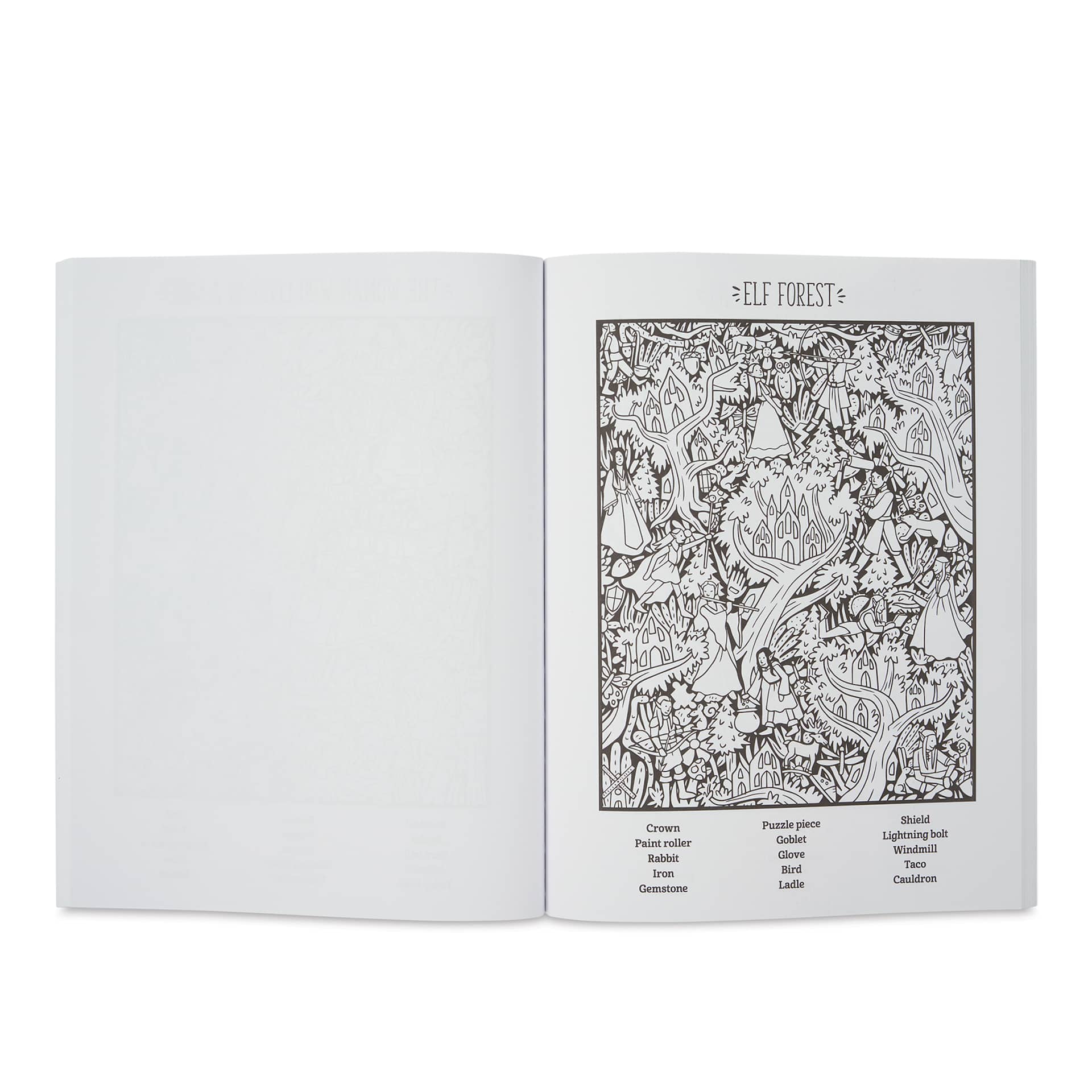 Color Quest Seek-and-Find Coloring Books - Enchanted (illustration page example - elf forest)