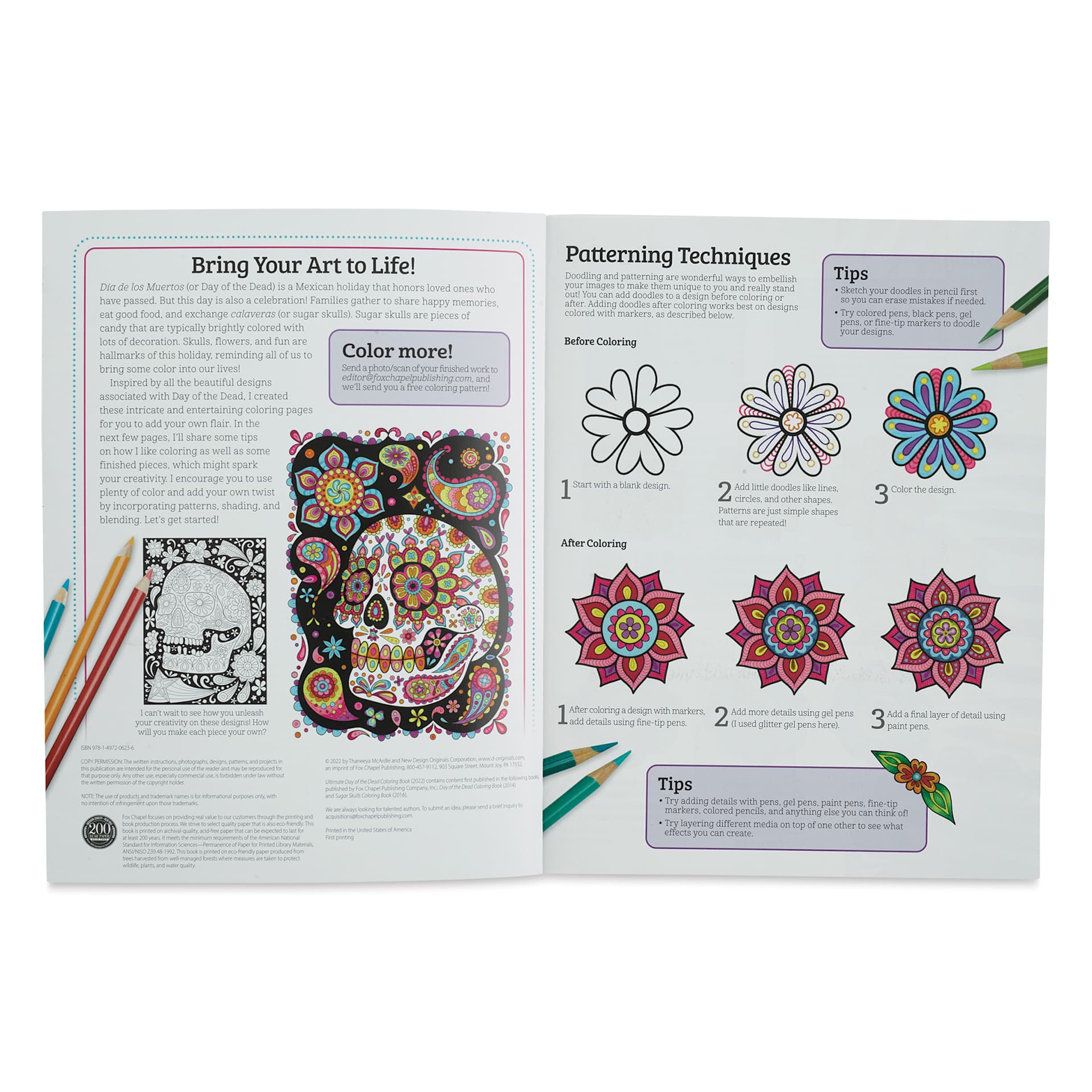 Ultimate Day of the Dead Coloring Book (introduction and patterning techniques spread)
