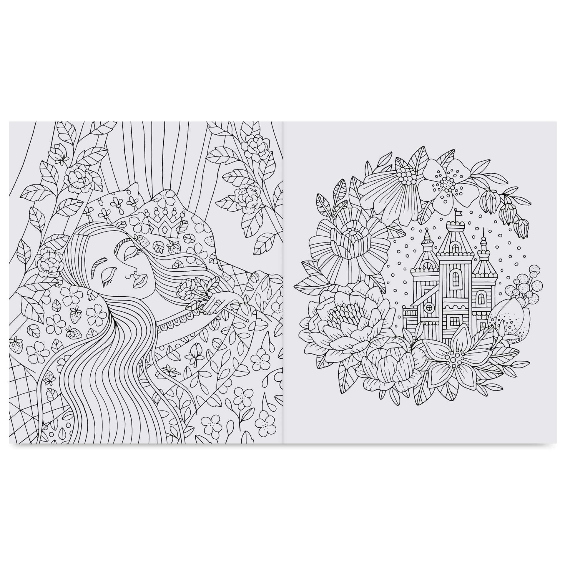 Fairy Tales and Folklore Coloring Book, sleeping woman and a castle