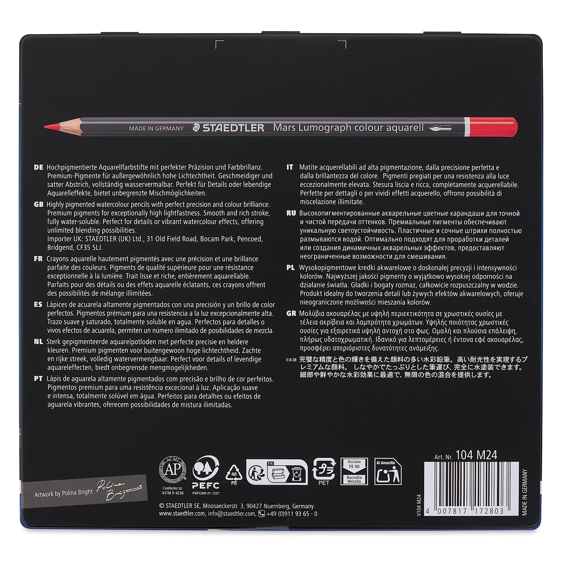 Staedtler Mars Lumograph Colour Aquarell Watercolor Pencils - Set of 24, Assorted Colors, back of packaging