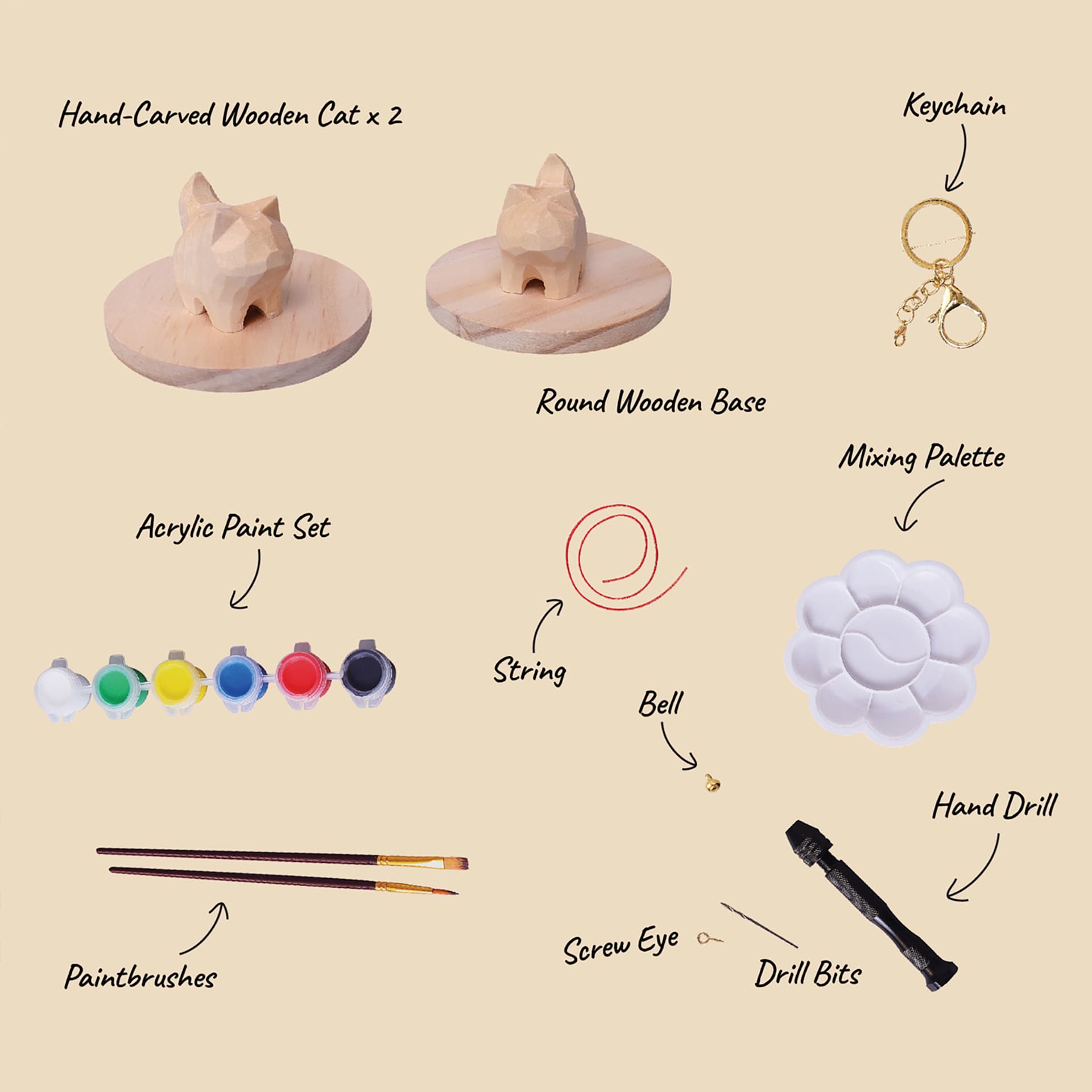 Hand-Carved Wooden Cat x2. Round Wooden Base. Keychain. Acrylic Paint Set. String. Mixing Palette. Paintbrushes. Bell. Screw Eye. Drill Bits. Hand Drill.