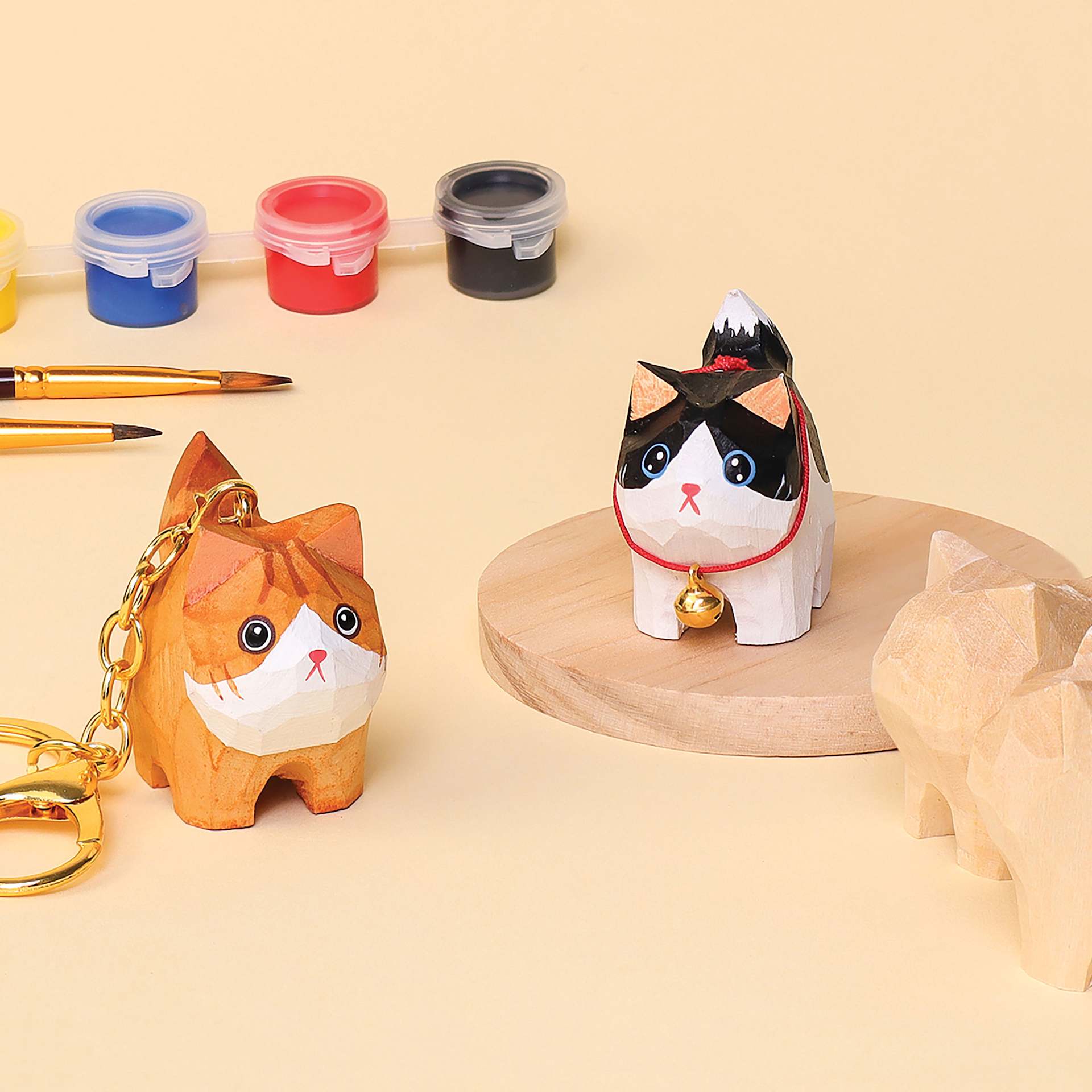 Kitsville Hand-Carved Cat Painting Kit, finished and unfinished pieces