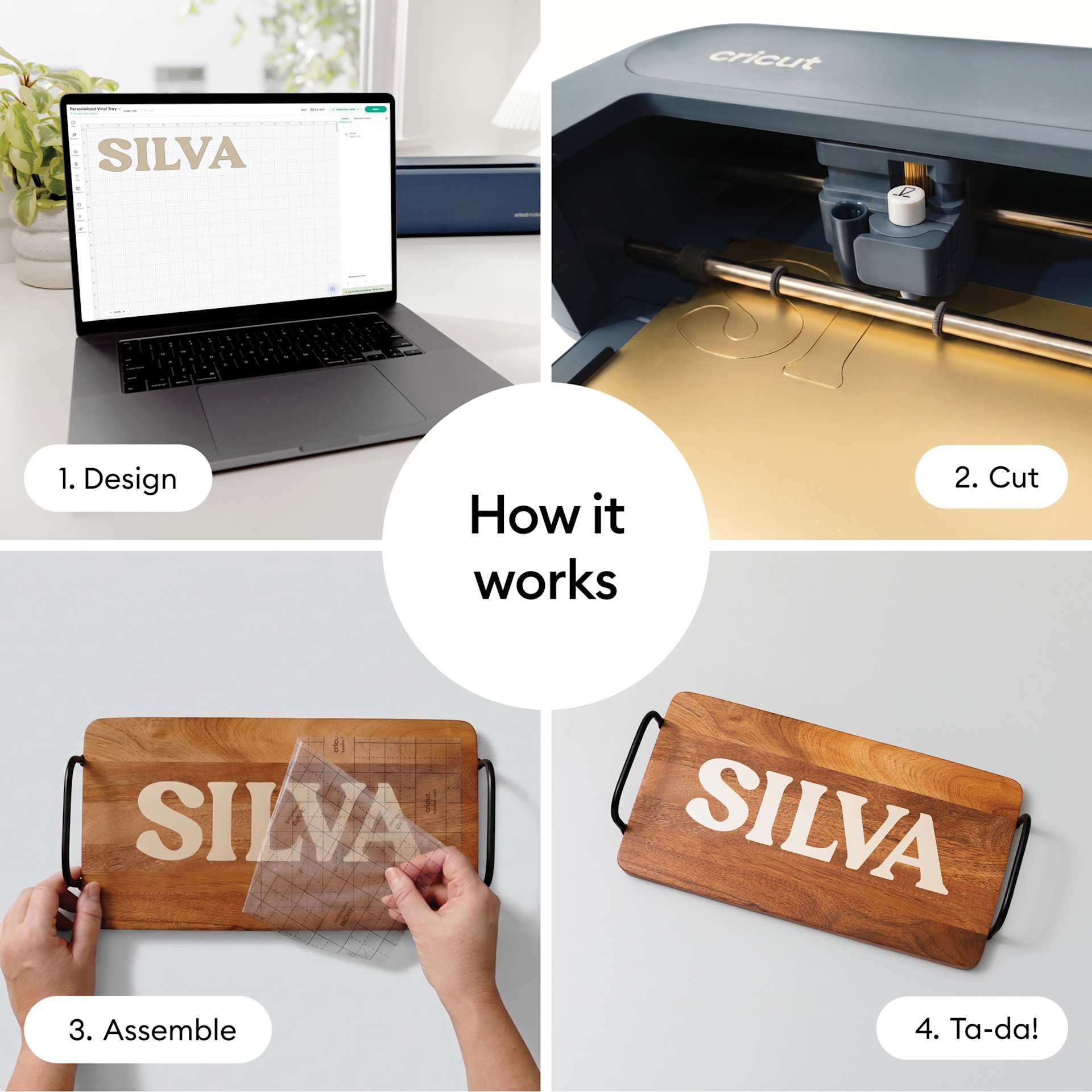 How it Works: 1) Design, 2) Cut, 3) Assemble, 4) Ta-Da!