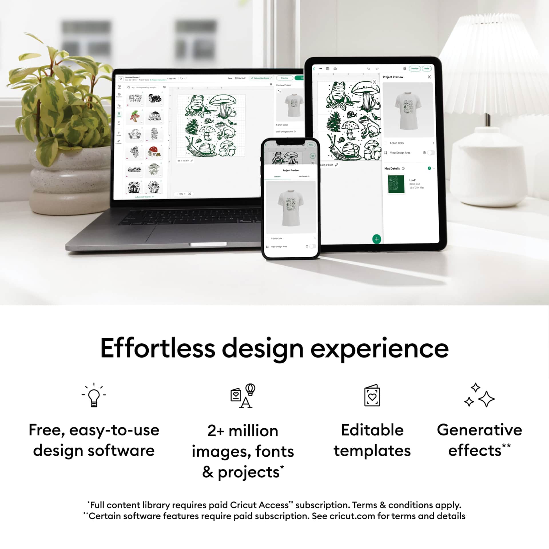 Effortless design experience: free, easy-to-use design software, 2 million+ images, fonts, and projects, editable templates, generative effects.