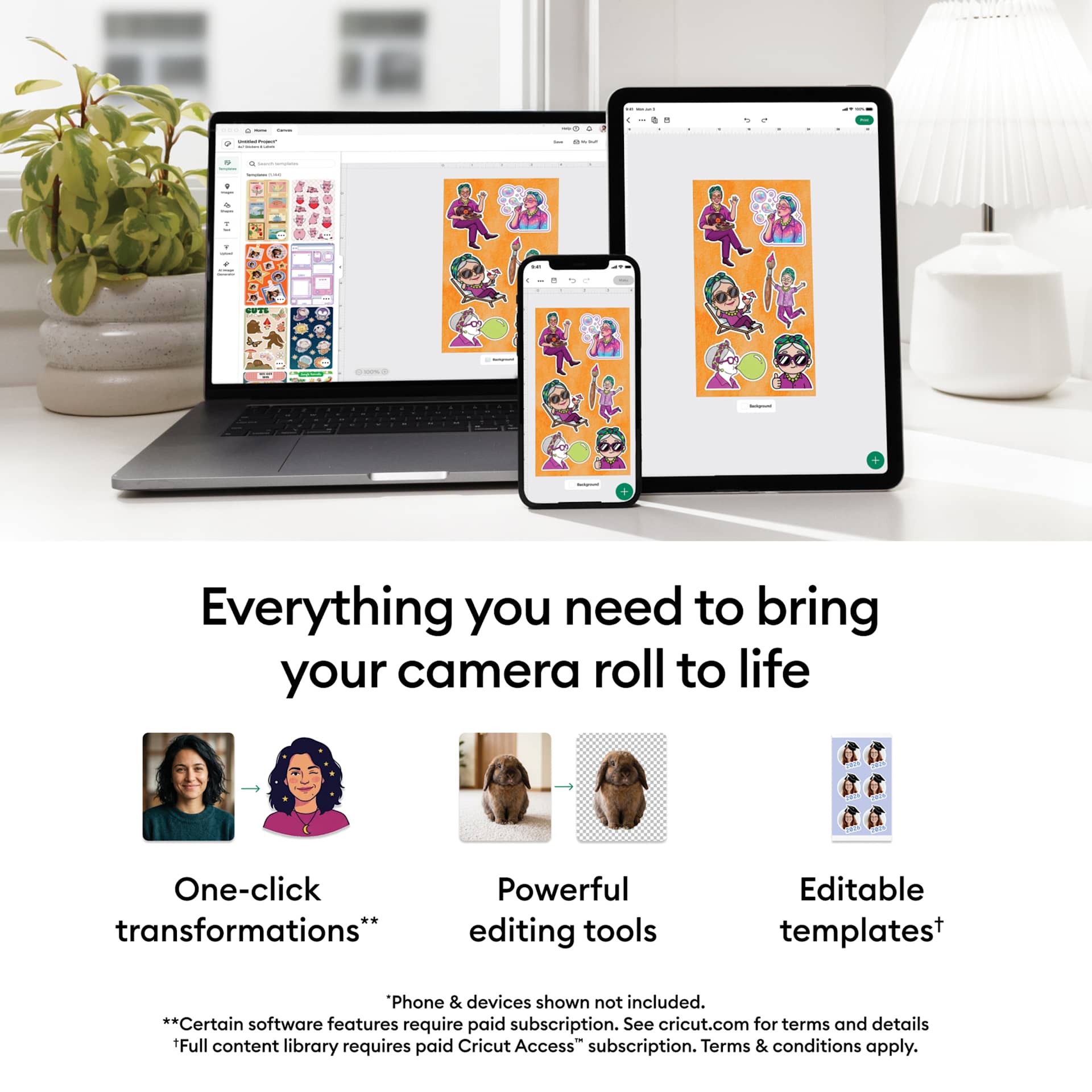 Everything you need to bring your camera roll to life: one-click transformations, powerful editing tools, and editable templates.