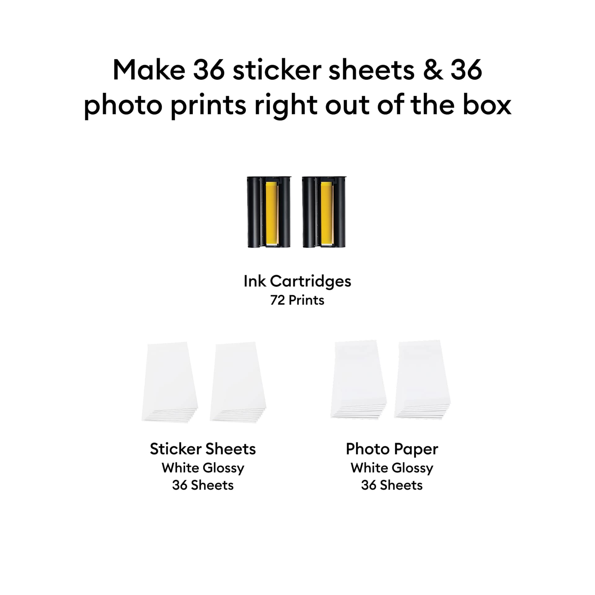 Make 36 sticker sheets and 36 photo prints right out of the box.