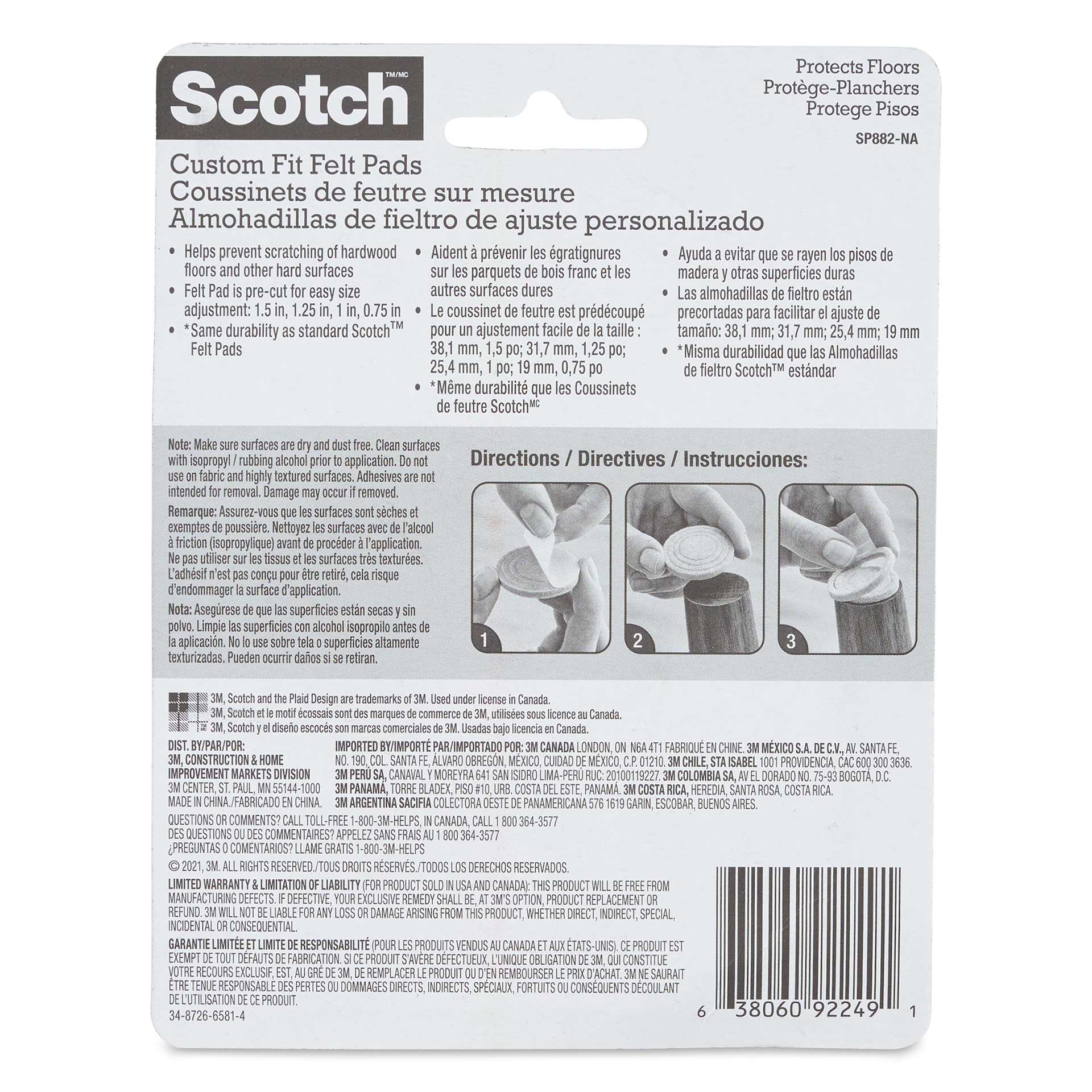 Scotch Custom Fit Felt Pads - Black, Pkg of 20, back of the packaging