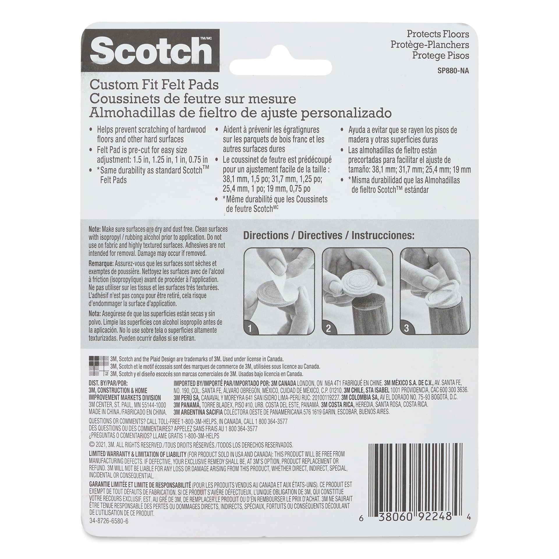 Scotch Custom Fit Felt Pads - Beige, Pkg of 20, back of the packaging