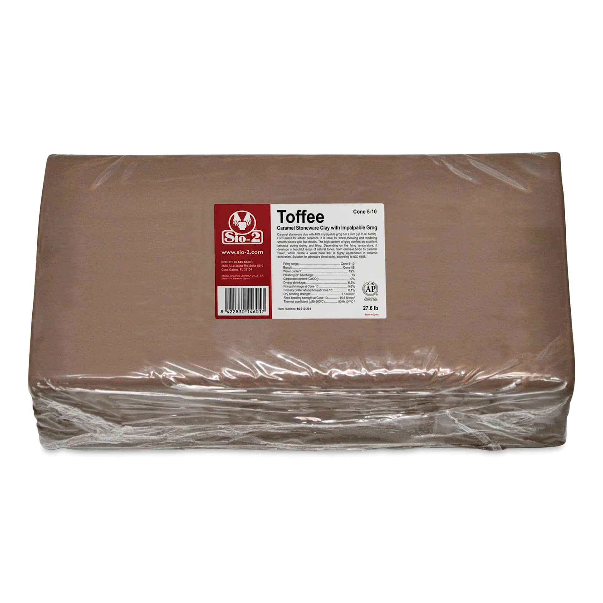 Sio-2 Toffee Caramel Stoneware Clay - 27.6 lbs - front of packaging