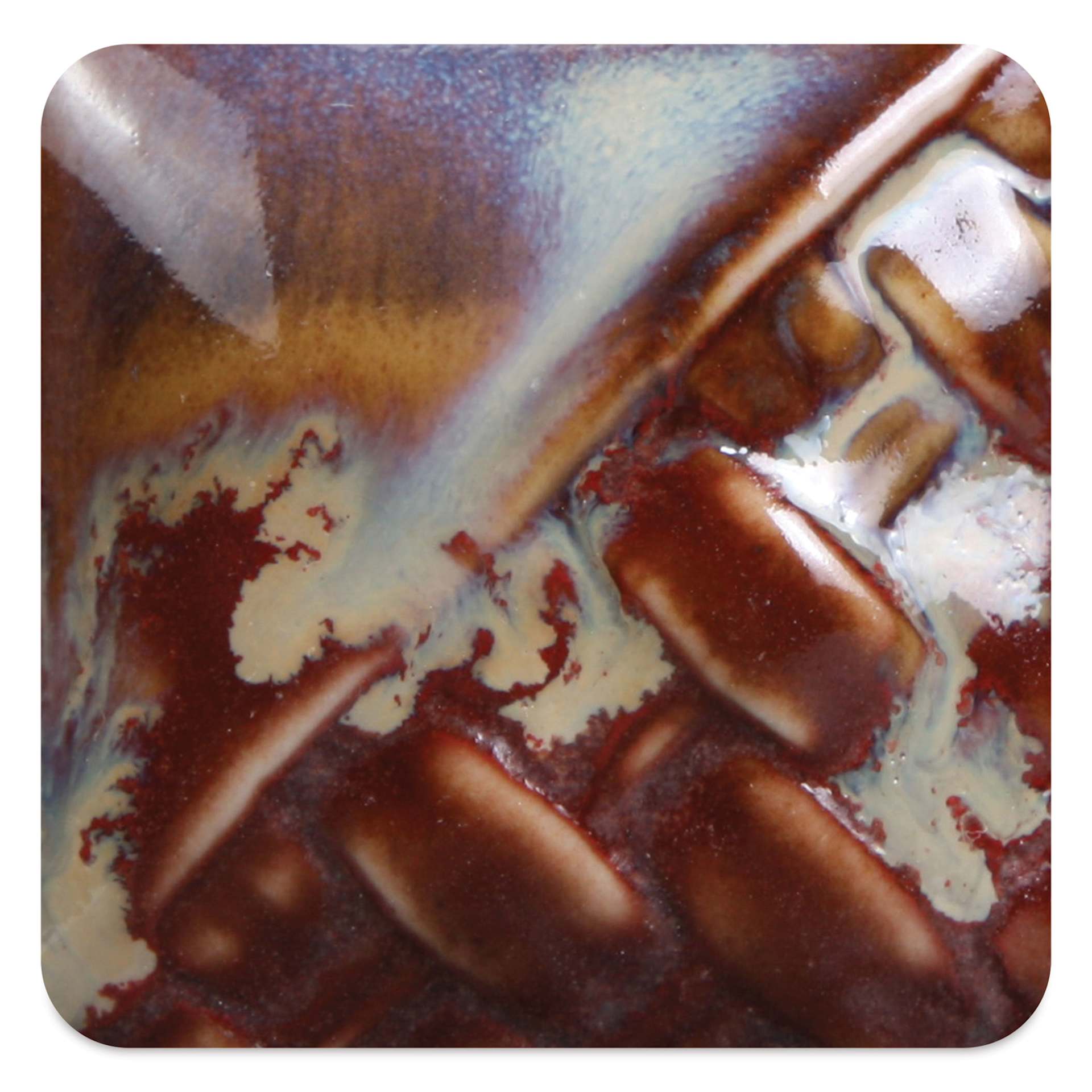 Mayco Stoneware Flux Glaze - Dark fired at cone 10 reduction, chips shown over SW-119 Cinnabar