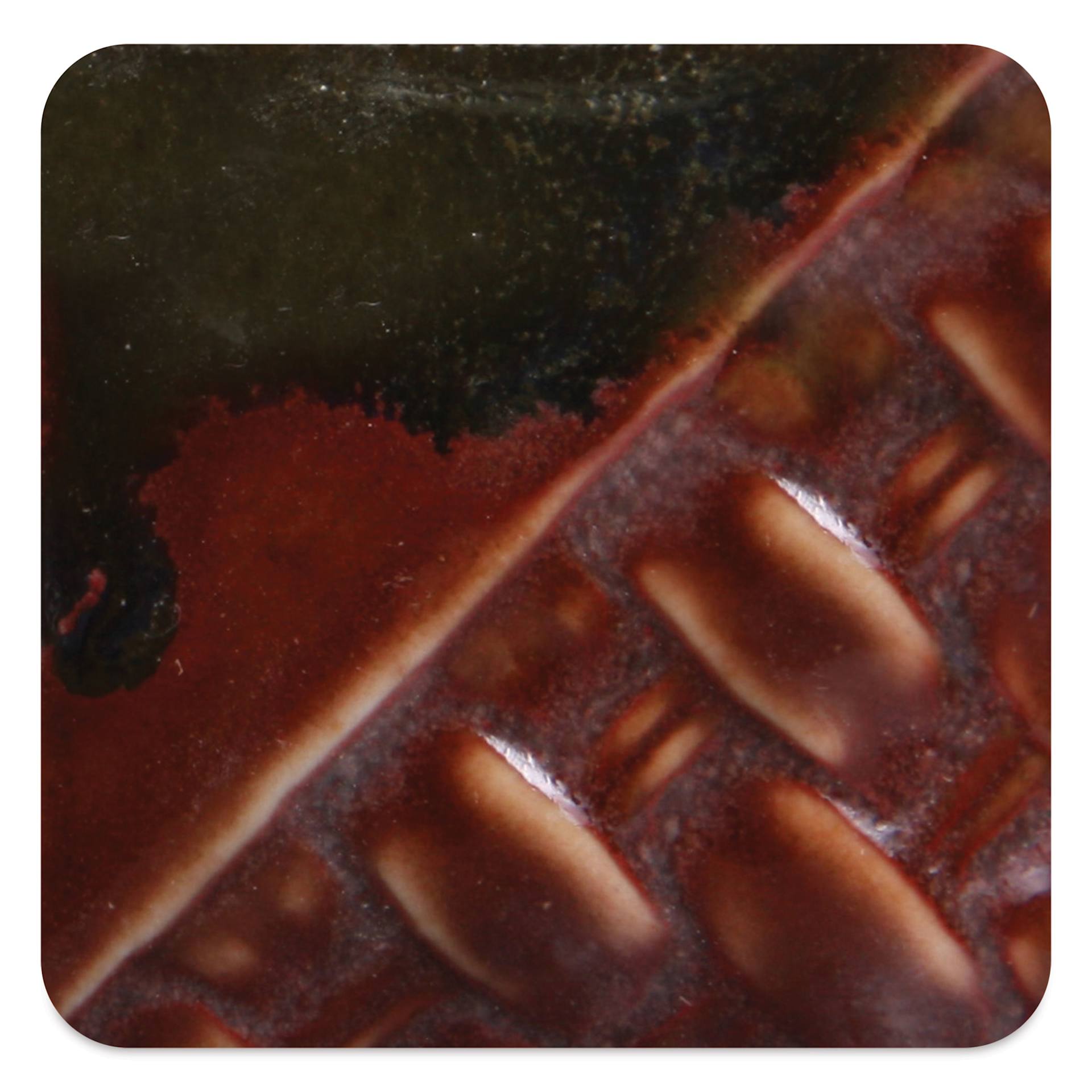 Mayco Stoneware Flux Glaze - Dark fired at cone 10 reduction, chips shown over SW-119 Cinnabar