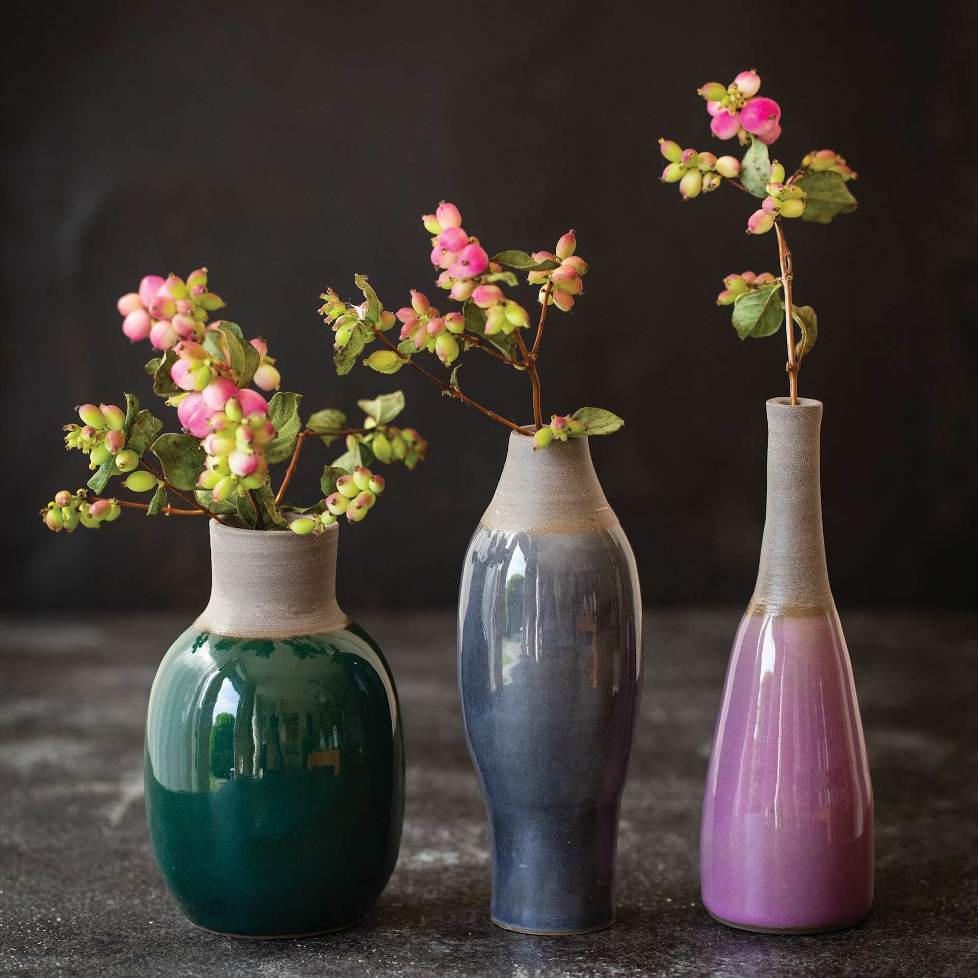 Botz Pro Glazes finished green, blue, and violet vase examples on table