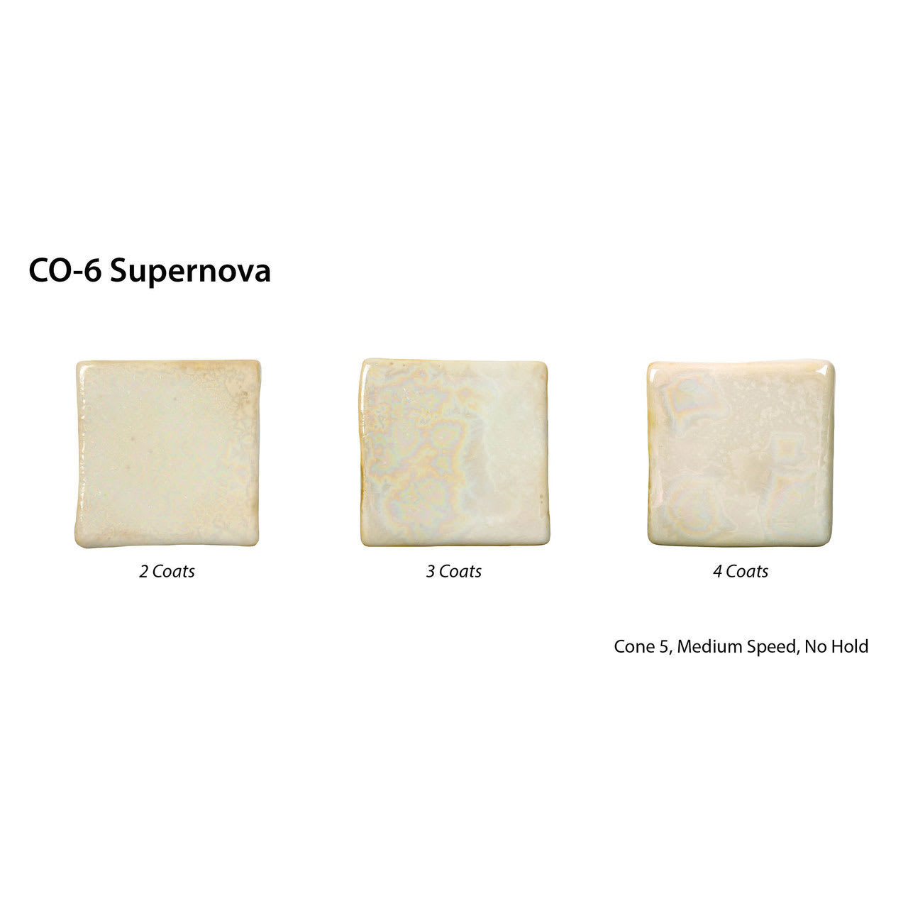 CO-6 Supernova. 2 Coats. 3 Coats. 4 Coats. Cone 5, Medium Speed, No Hold.