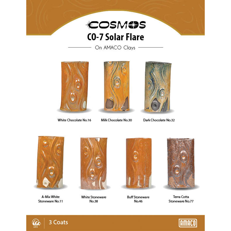 Cosmos CO-7 Solar Flare On AMACO Clays. White Chocolate No. 16, Milk Chocolate No. 30, Dark Chocolate No. 32, A-Mix White Stoneware No. 11, White Stoneware No. 38, Buff Stoneware No. 46, Terra Cotta Stoneware No. 88, 3 Coats.