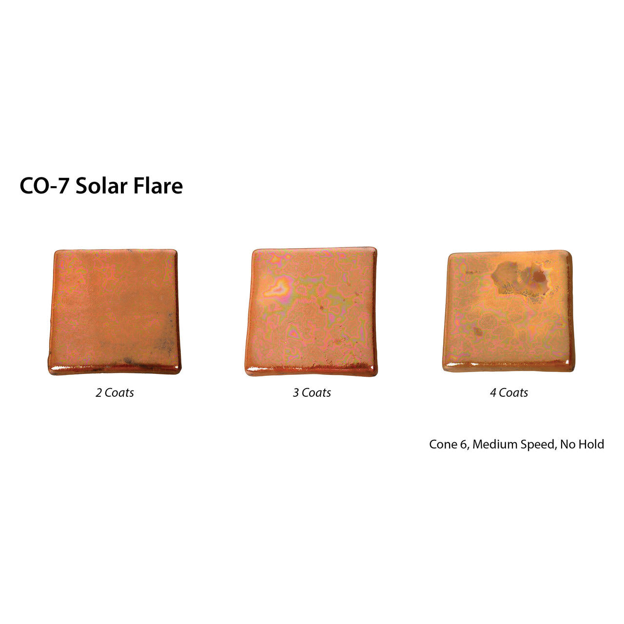 CO-7 Solar Flare. 2 Coats. 3 Coats. 4 Coats. Cone 5, Medium Speed, No Hold.