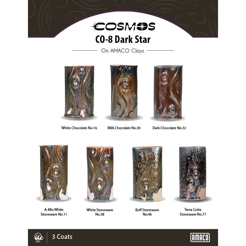 CO-8 Dark Star. 2 Coats. 3 Coats. 4 Coats. Cone 5, Medium Speed, No Hold.